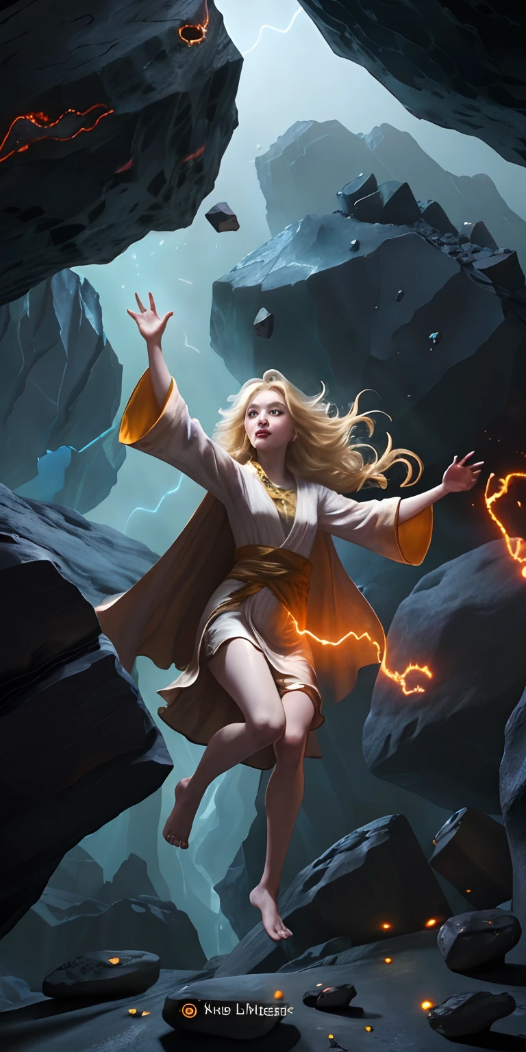 female barefoot summoner levitating with blonde hair robes and cape arms lifted up over a broken earth bright lava light from below asteroid field (jagged rocks boulders and debris shooting into the air:1.3) (windy dust debris storm:1.1) volumetric fog mist ray tracing z pass bright light from below, (masterpiece) (best quality) (detailed) (8k) (cinematic lighting) (sharp focus) (intricate)