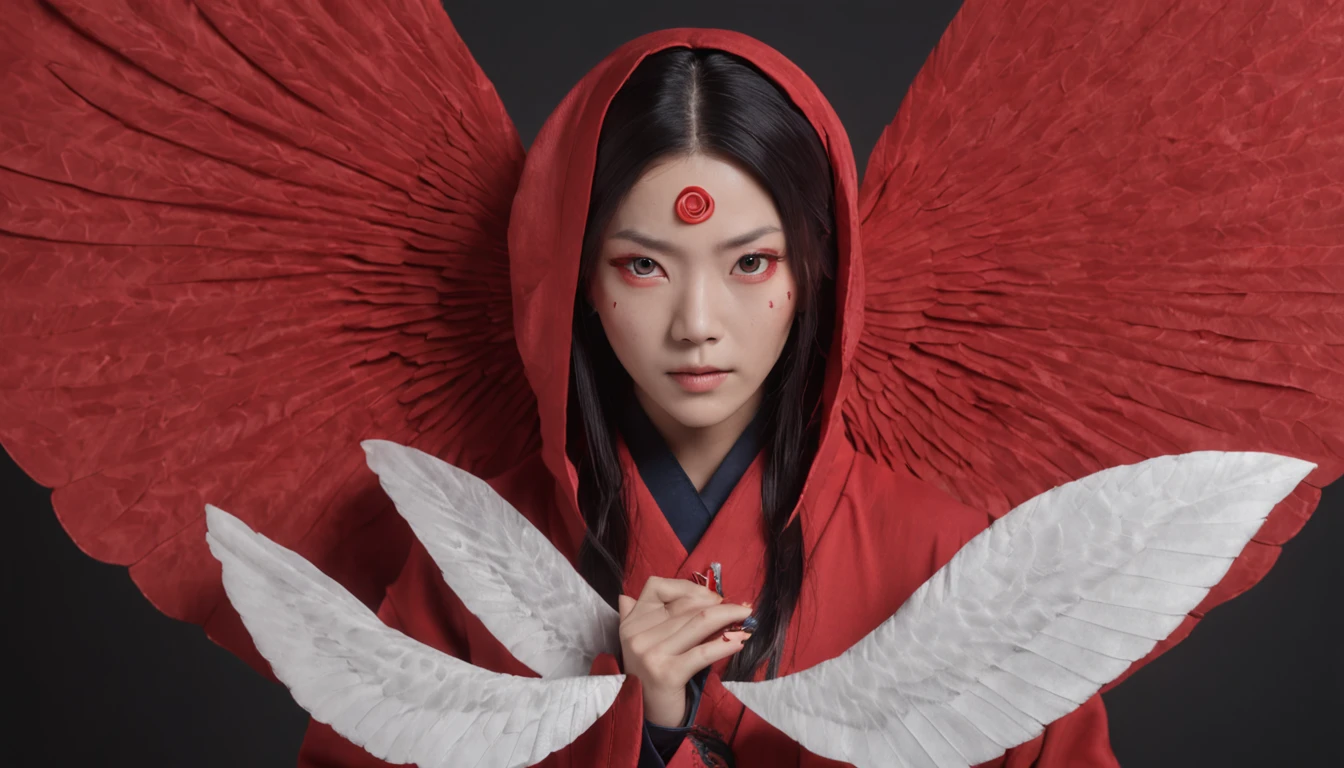 Portrait of Naruto Konan,Wings made of huge pieces of paper,Red cloud robe on black background,Red, shiny chakra eyes,, Vibrant, Classic , oil, upper body shot, Texturing, 100mm, Installation, blue colors, Gurokawa, Split lighting, Super detailed, photorealistic, food photography, Cycles render, 4k