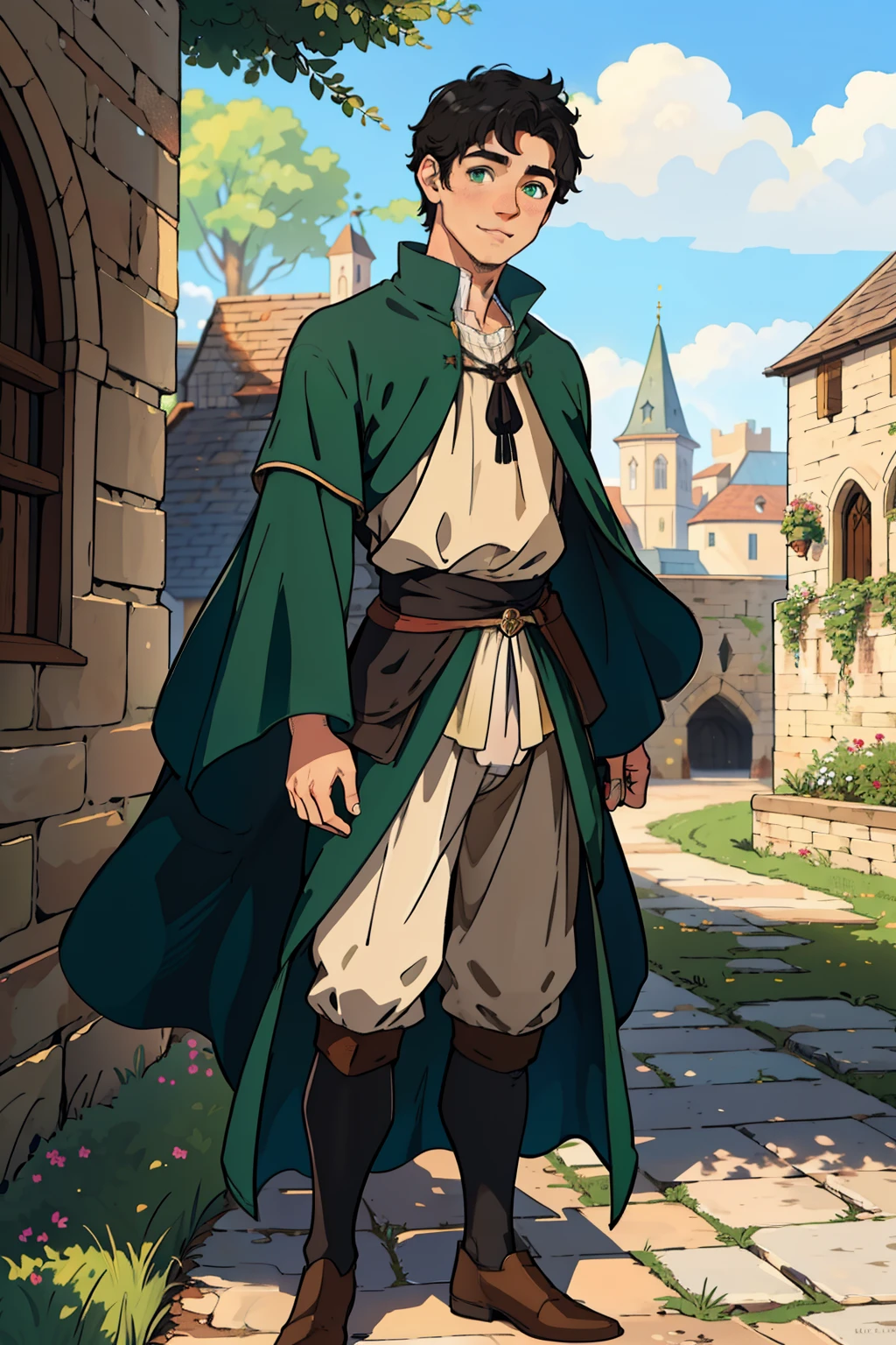 (1male, short black hair, green eyes, gentle smile, rosy cheeks), ((commoner clothes)), (fantasy, medieval), ((detailed face, full body))