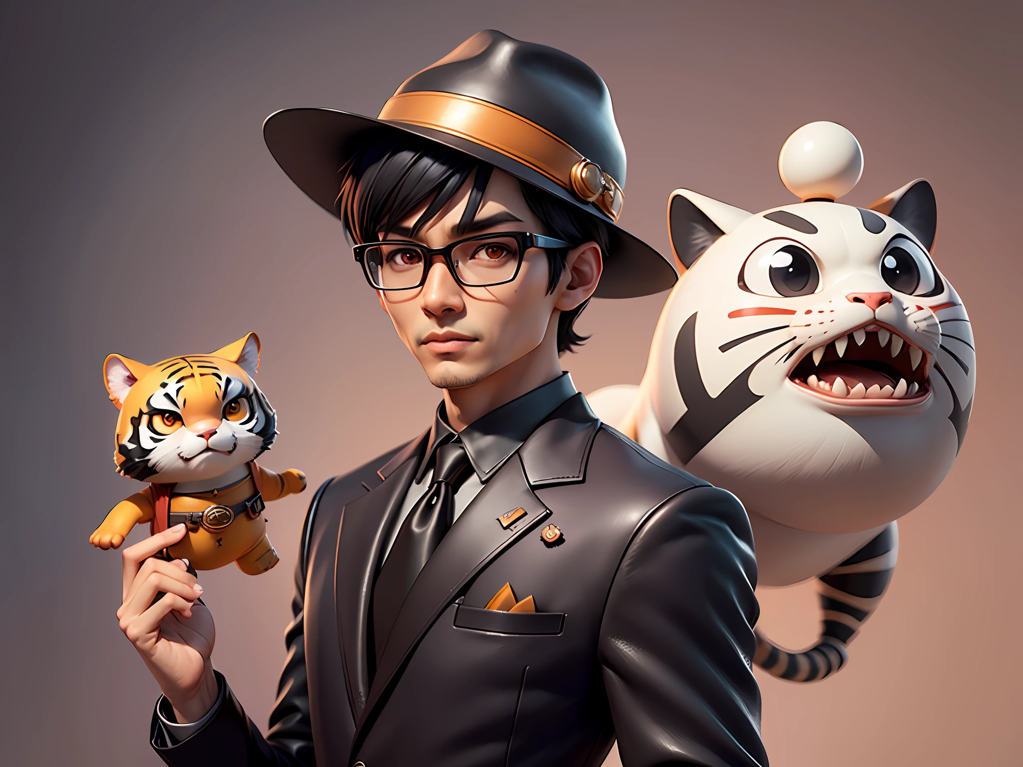 Young man with oriental face in leather hat, tiger, oriental face in formal suit, short black hair, silver glasses, digital painting, 3D character design by Mark Clairedon and Pixar and Hayao Miyazaki and Akira Toriyama, the illustration is a high-definition illustration in 4K resolution with very detailed facial features and cartoon-style visuals.