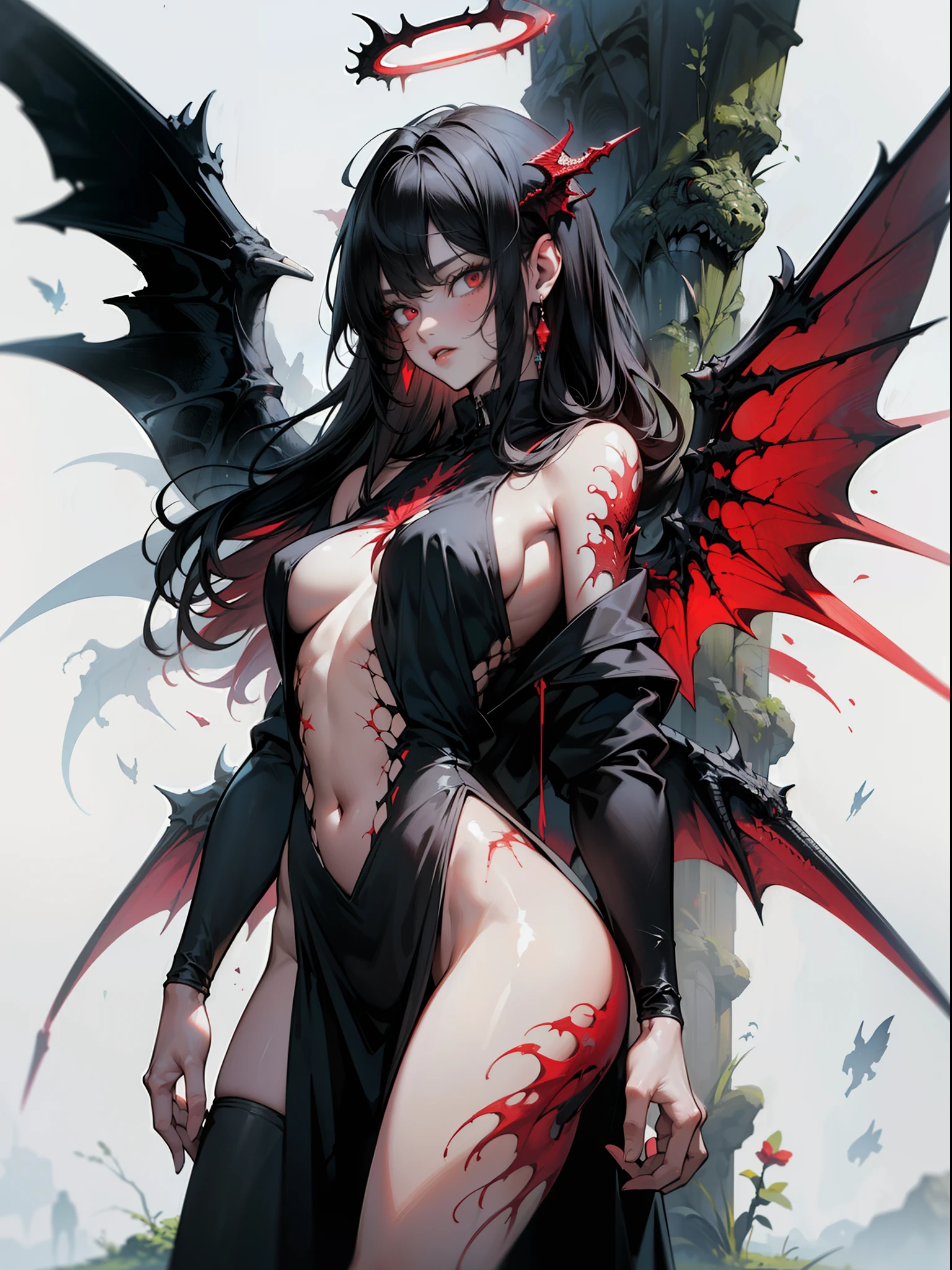 ((sfw)),(masterpiece, best quality), 1lady, solo, (white Scales, scaly body), halo, wings,fallen angel, black hair, loose waves, red eyes, (dragon, art by hermann nitsch, zdzislaw beksinski, dariusz zawadzki, giger),fully cover,no exposed body