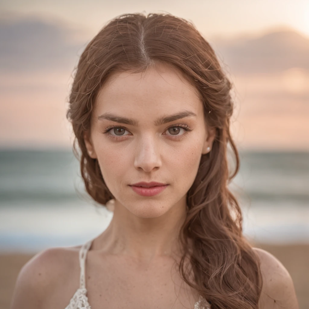 Mid-range close-up，uma mulher holandesa do peito grande，The backdrop is a deserted beach