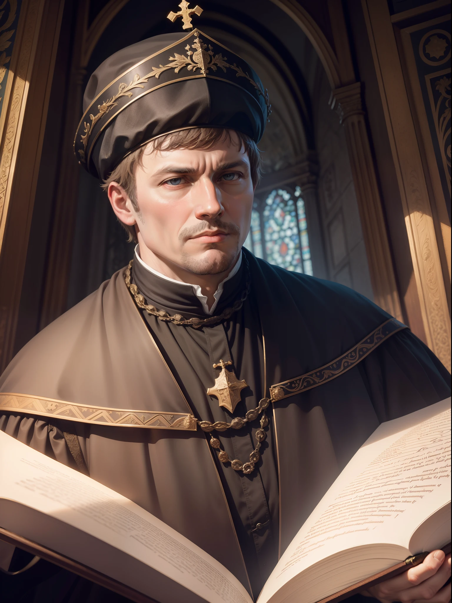 Martin Luther, reformer, religious icon, influential historical figure, German theologian, leader of the Protestant Reformation, symbolic portrait, strong presence, deep conviction.
