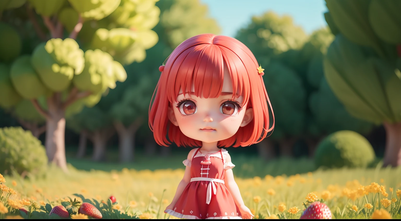 a  girl with red hair, beautiful face,short hair with bangs, wearing a red dress with a strawberry texture, in the style of a Disney Pixar cartoon, playing in a stramberry fields on a sunny day