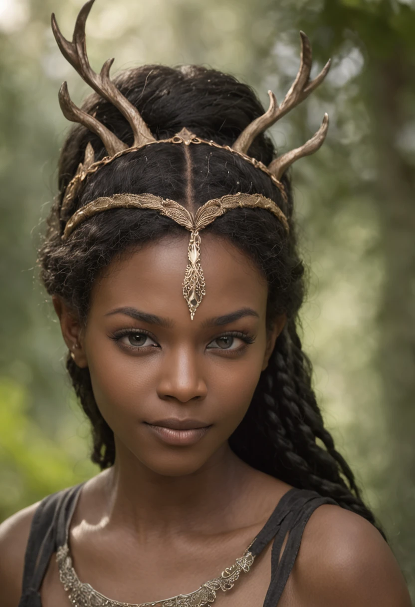 In this portrait of an elven black woman, the focus is on intricate details and sharpness, highlighting her enchanting elf ears. The background features a bokeh effect, creating a dreamy and ethereal ambiance of a forest. The artwork captures the grace and allure of the elven character, showcasing the beauty of nature and fantasy in harmonious union.@Inspired