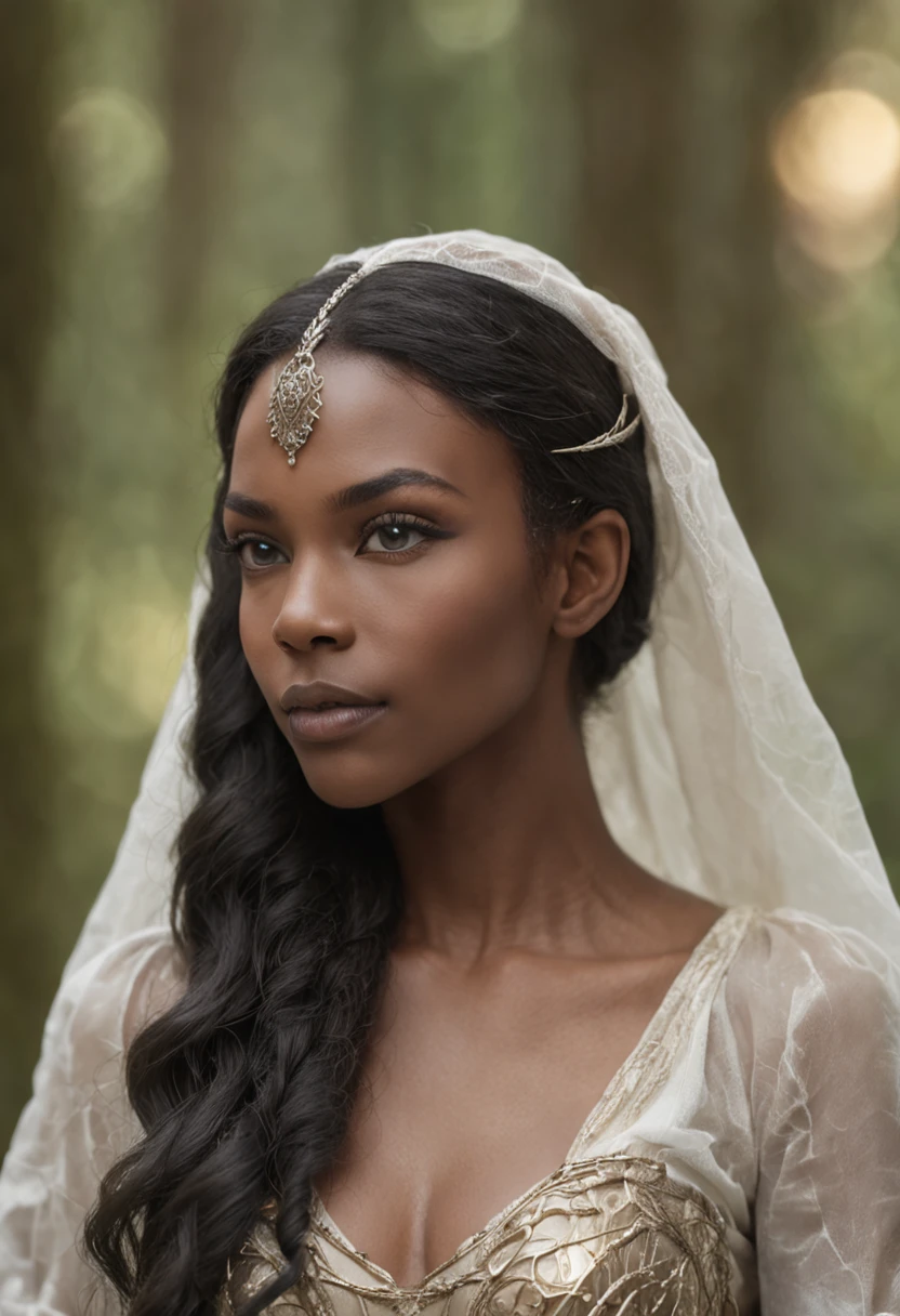 In this portrait of an elven black woman, the focus is on intricate details and sharpness, highlighting her enchanting elf ears. The background features a bokeh effect, creating a dreamy and ethereal ambiance of a forest. The artwork captures the grace and allure of the elven character, showcasing the beauty of nature and fantasy in harmonious union.@Inspired