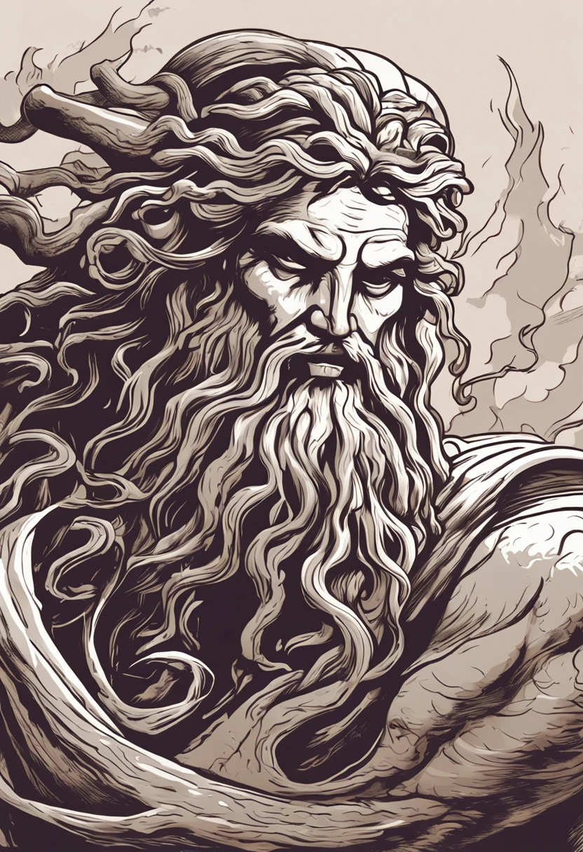 zeus holding medusa's head in his arms after a bloody fight, rainy weather with lightning and thunder, bright rays coming out of his eyes and with expression of hate