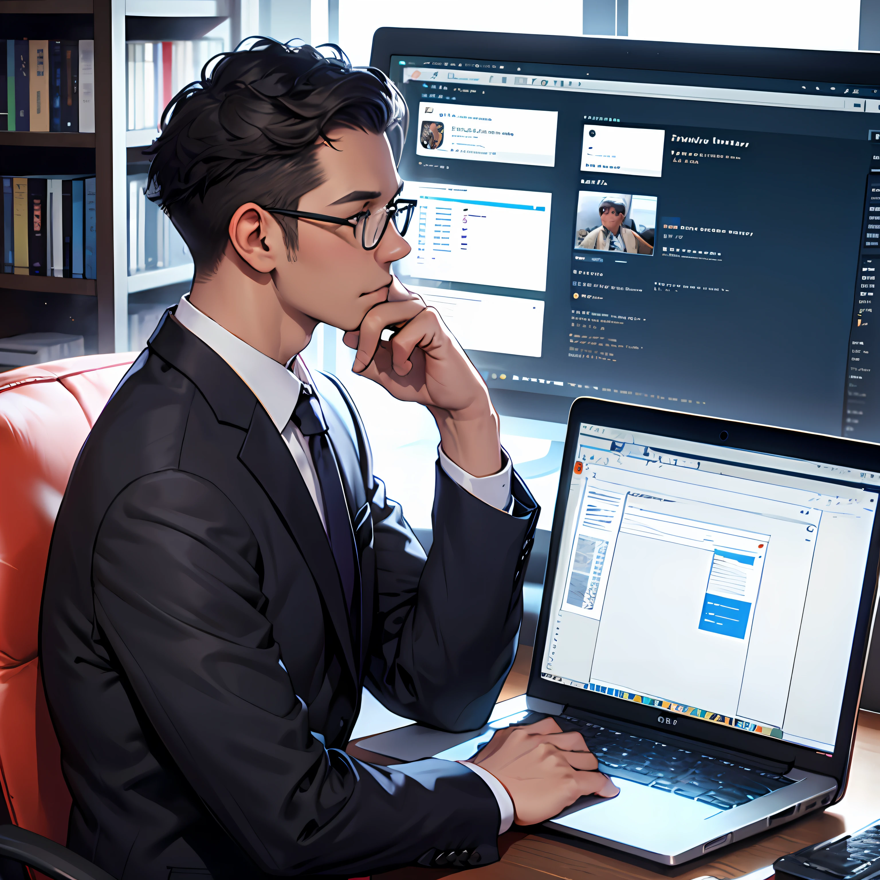 ENTREPRENEUR LOOKING AT THE SCREEN OF HIS COMPUTER, IN SUIT, GLASSES STYLE DRAWING WITH APPEARANCE OF SOME 45 YEARS