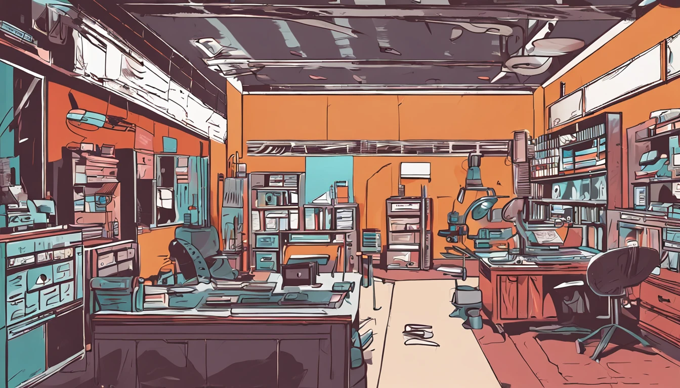 (((best quality))),(((ultra detailed))),(((masterpiece))),illustration,creative studio,interior,painting tools,technology equipment