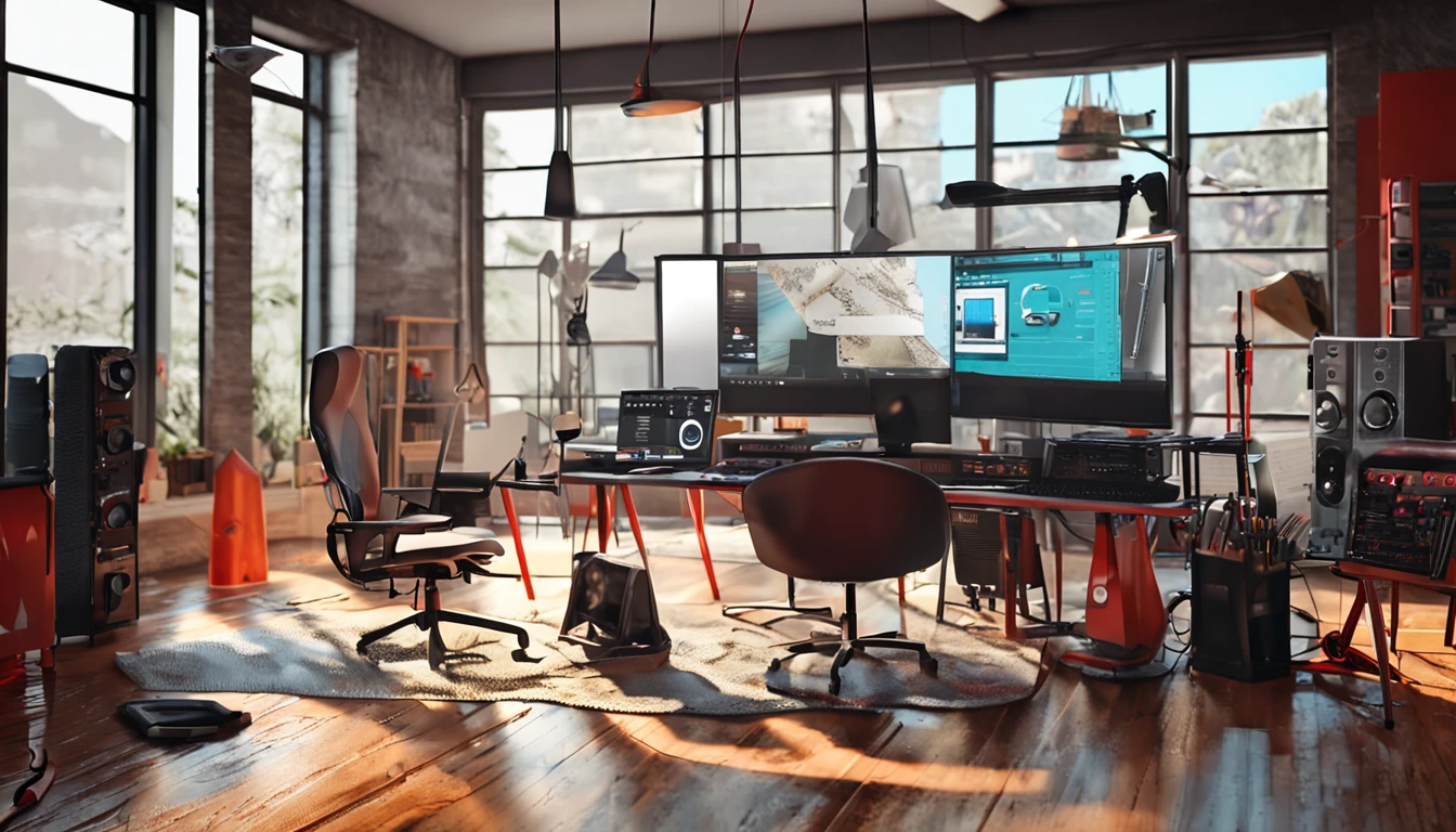(((best quality))),(((ultra detailed))),(((masterpiece))),illustration,creative studio,interior,painting tools,technology equipment