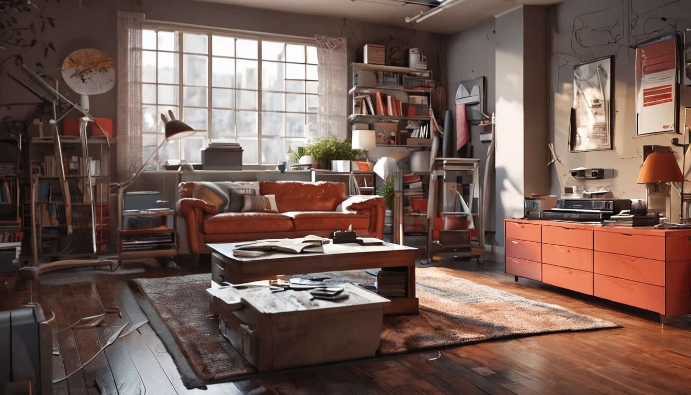 (((best quality))),(((ultra detailed))),(((masterpiece))),illustration,creative studio,interior,painting tools,technology equipment