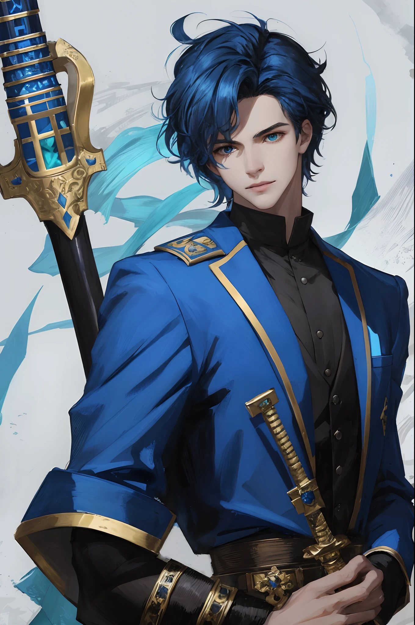A young man in a blue and white Han suit holds an eight-faced Han sword in one hand,One hand holds a green-black noodles,There was some black smoke around the face,blue colored eyes,His hair was tied with some blue satin on his head,Satin with hair hanging down naturally,Standing in a wood,style of anime