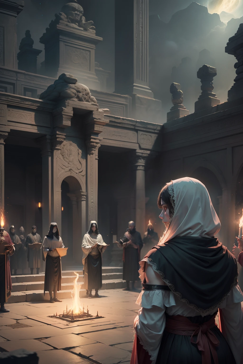 (masterpiece, best quality, high resolution) "Arcane Cult": A congregation of fanatic followers performing a dark ritual in an ancient temple, as a cosmic entity begins to manifest through rifts in the fabric of reality.