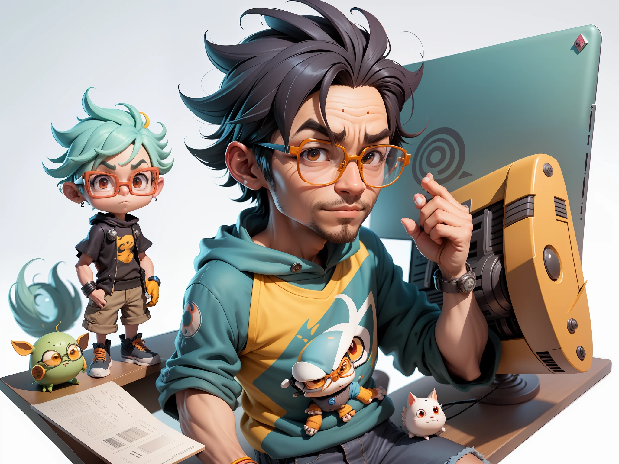 A young man with glasses sits at his desk,holding laptop,digitial painting,3D character design by Mark Clairen and Pixar and Hayao Miyazaki and Akira Toriyama,4K HD illustration,Very detailed facial features and cartoon-style visuals。