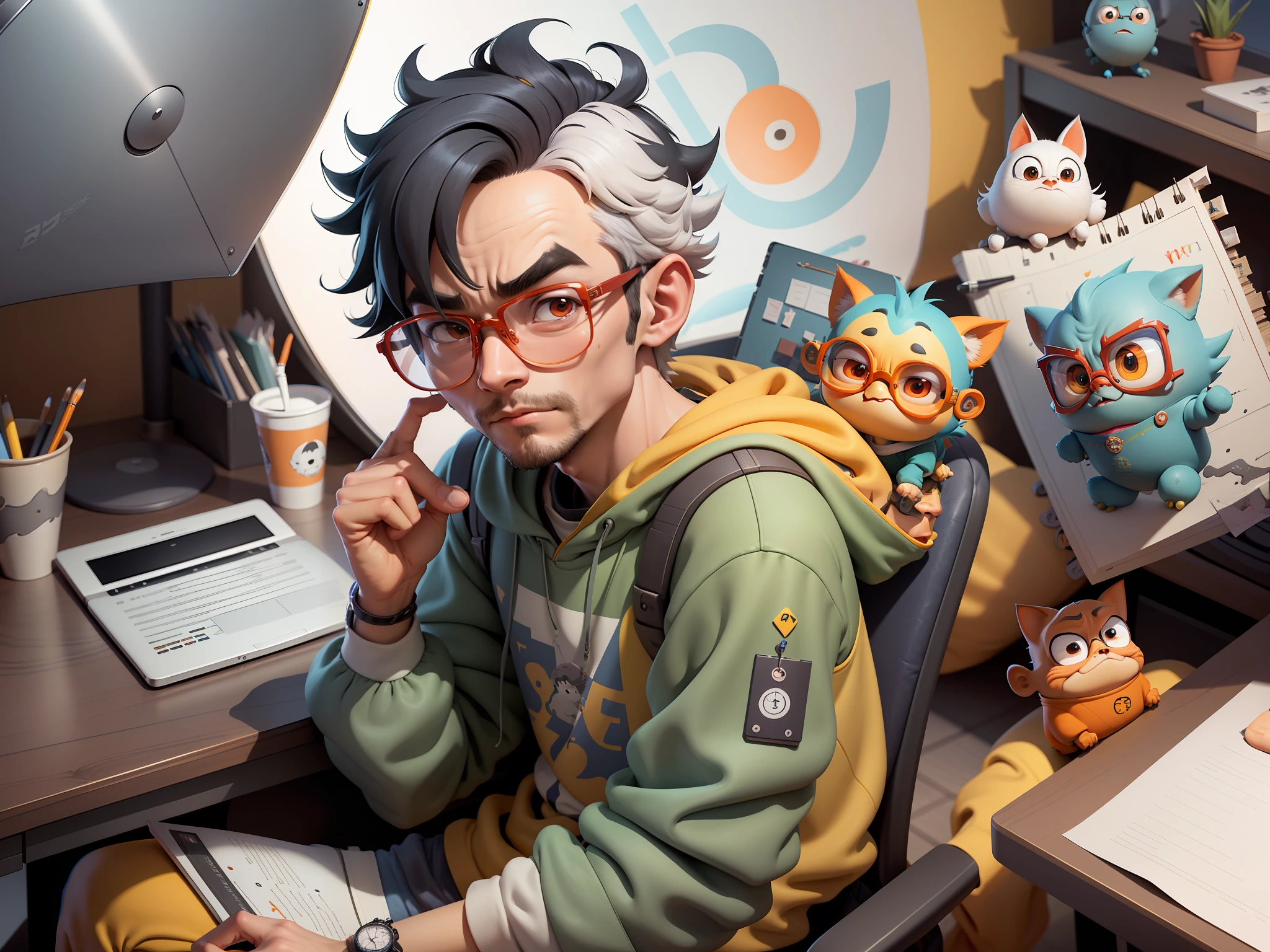 A young man with glasses sits at his desk，holding laptop，digitial painting，3D character design by Mark Clairen and Pixar and Hayao Miyazaki and Akira Toriyama，4K HD illustration，Very detailed facial features and cartoon-style visuals。