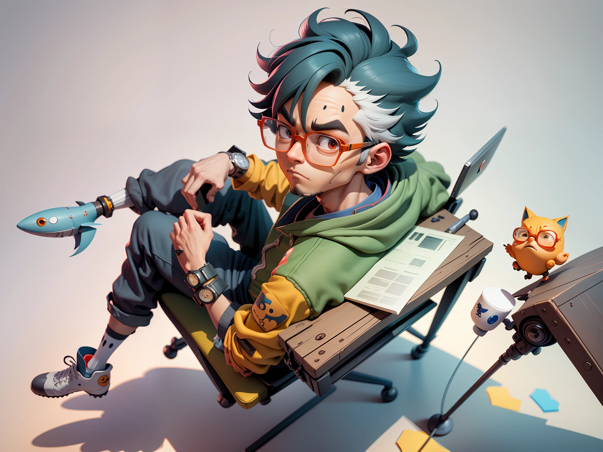 A young man with glasses sits at his desk,holding laptop,digitial painting,3D character design by Mark Clairen and Pixar and Hayao Miyazaki and Akira Toriyama,4K HD illustration,Very detailed facial features and cartoon-style visuals。