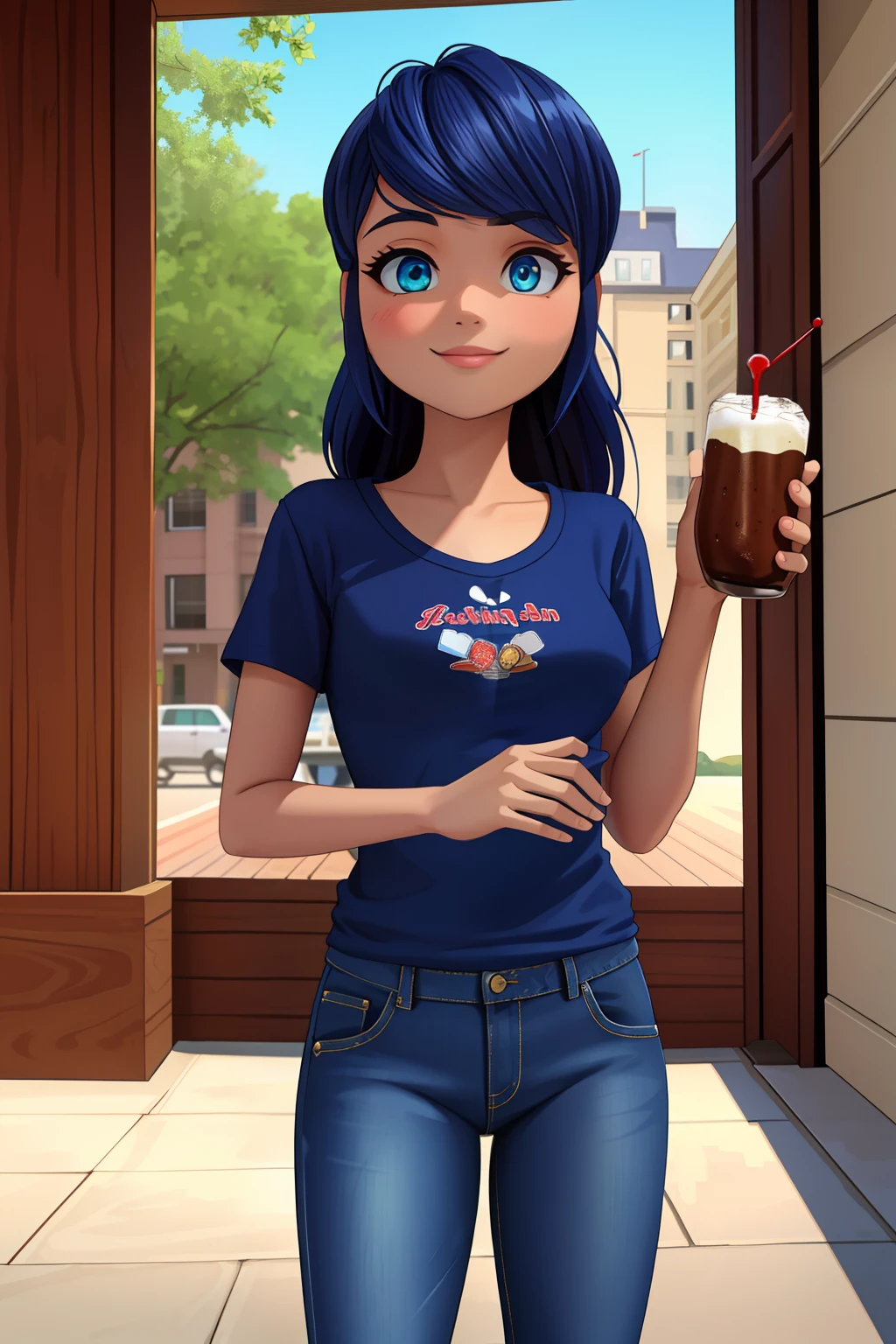 (8k, RAW photo, best quality, masterpiece:1.2), (intricate details), perfect eyes, perfect face, perfect lighting, beautiful, (masterpiece:1.2), (best quality:1.2), 1girl, solo, marinette, blue hair, ((long hair down)), adult torso, 17 years old, slight smile, medium sized breasts, (jeans, red t-shirt), holding a glass of root beer, cowboy shot, 3DMM