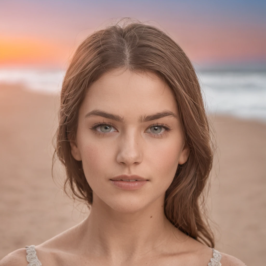 Mid-range close-up,uma mulher holandesa loira de olhos azuis do peito grande,The backdrop is a deserted beach