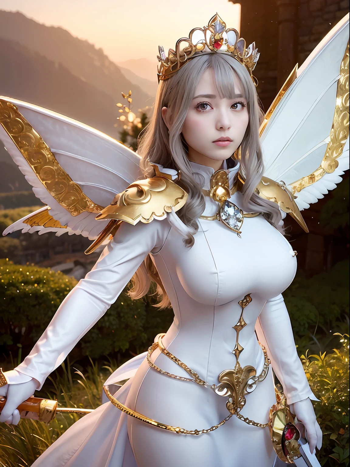 (masutepiece), Professional , ​masterpiece、top-quality、photos realistic , depth of fields （Gemstone Silver Metal Body:1.９),(Matte White、（Interior background of a luxurious castle）、Jewel Gold Weapon、（Flying in the sky),Gorgeous metal weapons,(Detailed and realistic angel white wings) , Detailed Sword of the Brave , Beautiful knife 、delicated face、20 years girl  ,warhammer 40k , adepta sororitas,Detail and ornate jewel crown、a blond、(Gangle's forest background)、Beautiful Caucasian beauty、１a person、dynamic ungle,(((Detailed and ornate diamond crown)))、Smaller head、A smile、Powerful poses、Beautiful thin fingers of a woman、cleavage of the breast、