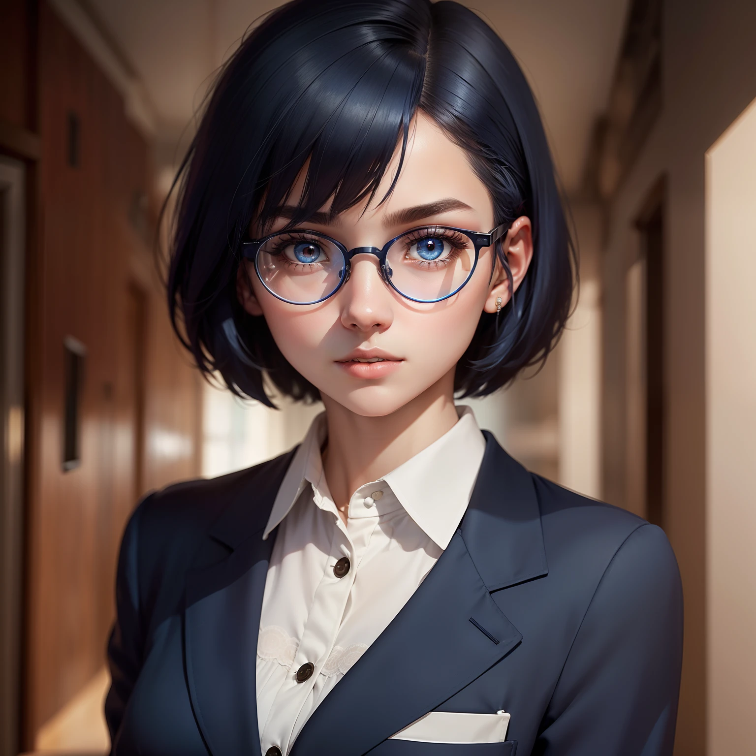 18 year old shy dark blue hair girl, detailed face and eyes:(1.4), ((focus on face)), ((wearing detailed circle shape glasses)), wearing a detailed blazer, wearing a white blouse, red eyes, pixie cut, class hallway background