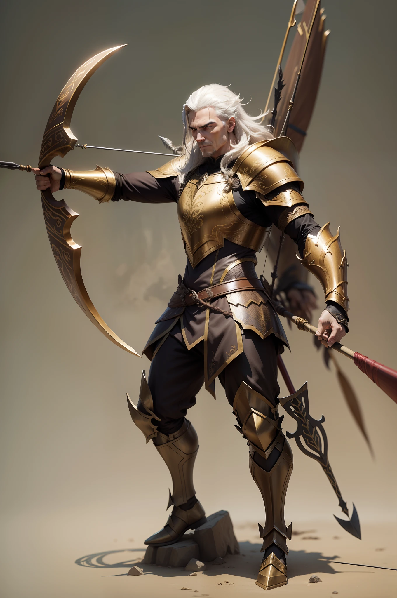 dragolich male character archer fantasy armor fantasy action background pose fantasy face serious action fast small armor bow and arrow one hand holds bow other arrow holds high golden long bow character with height of 1,90m com olhos pretos e marcas cabelo vermelho