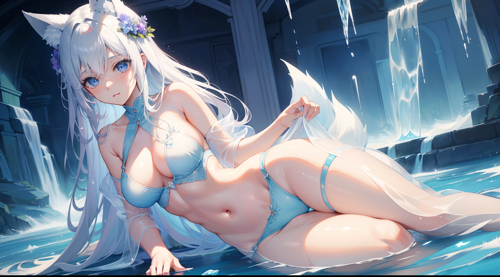 Fox Fairy,Full body masterpiece,Best quality at best,offcial art,Very detailed CG 8k wallpaper,(flying petal)(detailed ice),The crystal texture of the skin,Grim expression,(fox ear),whaite hair,long whitr hair,messy hair,eBlue eyes,the breasts are large,looking at viewert,Very fine and beautiful,Eau,(Beautiful detailed eyes),highly detailed,电影灯光,(beauitful face),fine water surface,(original figure painting),ultra - detailed,incredibily detailed,(Very fine and beautiful),Beautiful detailed eyes,(Best quality at best)Beautiful woman with beautiful figure:1.3,((White color hair)),((Beautiful udder:1.3)),(Showers,hazy water)),(Transparent underwear and bristles))),(浴室)),((suspending)),((Raised sexy)),((Raise your legs slightly))(Wet breasts)),(Drenched Body)))),(Soaked)))Transparent underwear bites,streaked,Hair covered beautifully,
