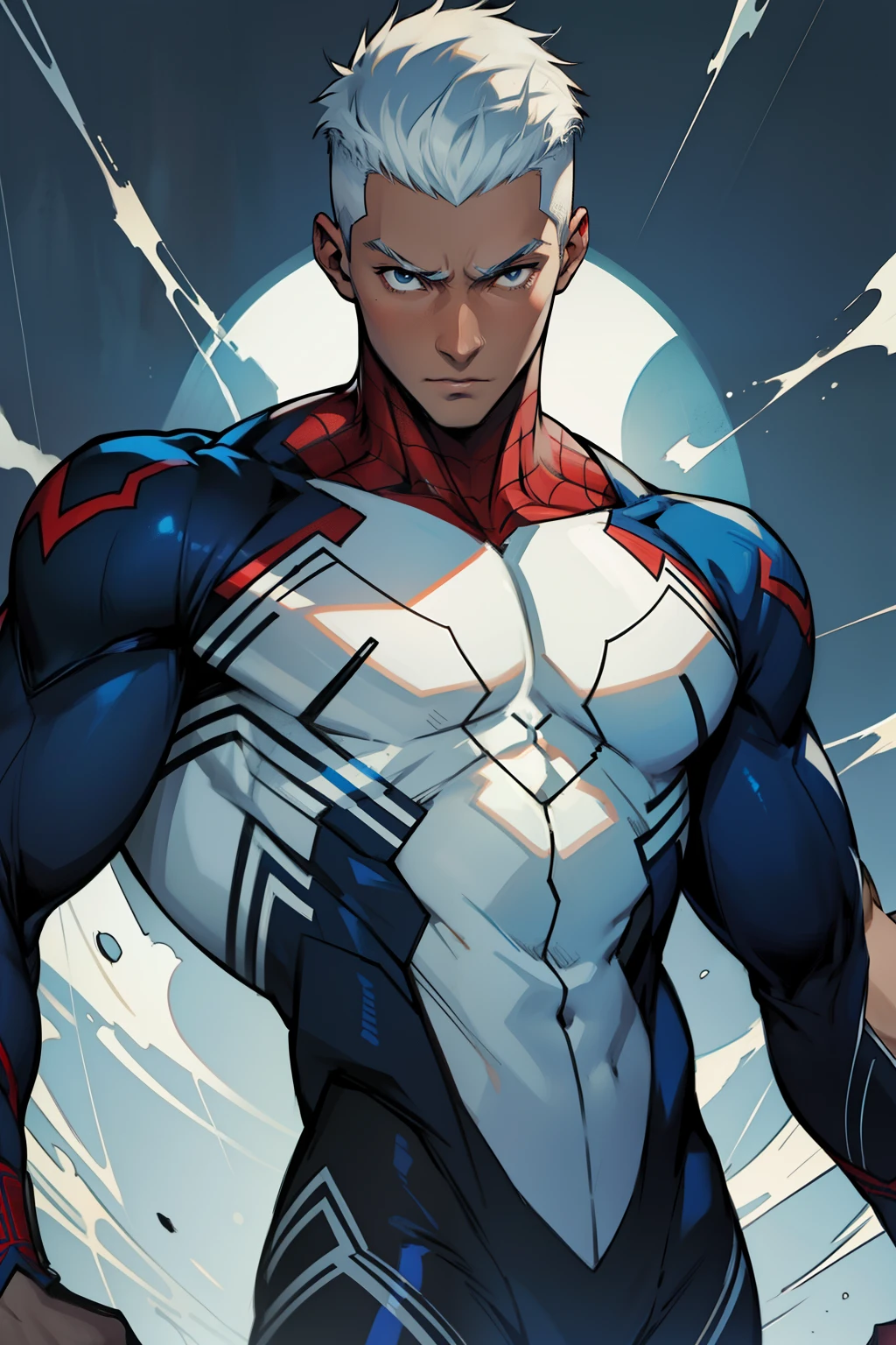 Highest image quality，male people，1 boy，Young and handsome，shoun，White color hair，Short flat top hair，Dark  skin，anime big breast，anime wallpaper，Solo，malefocus，Spidey