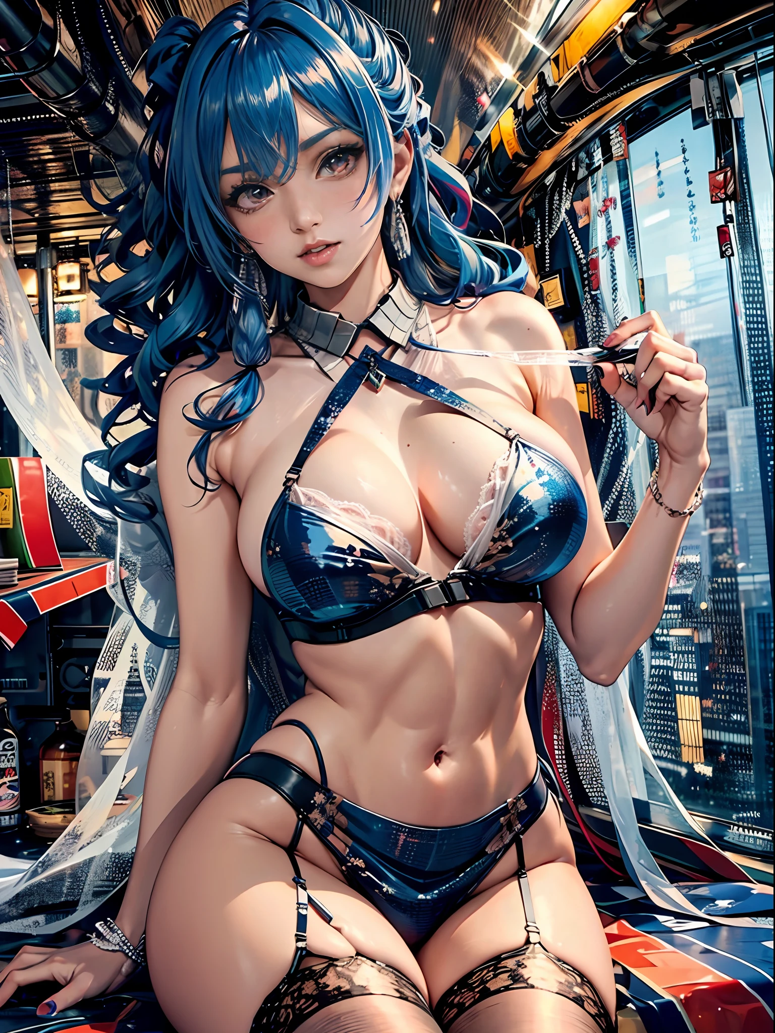 （Enrich the picture，Masterpiece level quality）Beautiful 8K CG artwork，Goddess-like posture，Sitting in the cabin of an airplane，Postural exercises，Slim and soft，Translucent skin，blue hairs、The beauty of extra-long hair, Super Long Straight Hair，The skin is fair and juicy，Big breasts lingerie miniskirt uniform，Perspective Part 1.2x enhanced silhouette effect，Exquisite transparent blues pattern in pajamas，The details are intricate and exquisite，The background is slightly blurred，Charming and lustful leg seduction，Drool，K cup big breasts，Blush，Japan goddess，Perfect body slim curves，Cabin scene，Lace panties can be seen，spread their legs，Red left eye，The right eye is green，