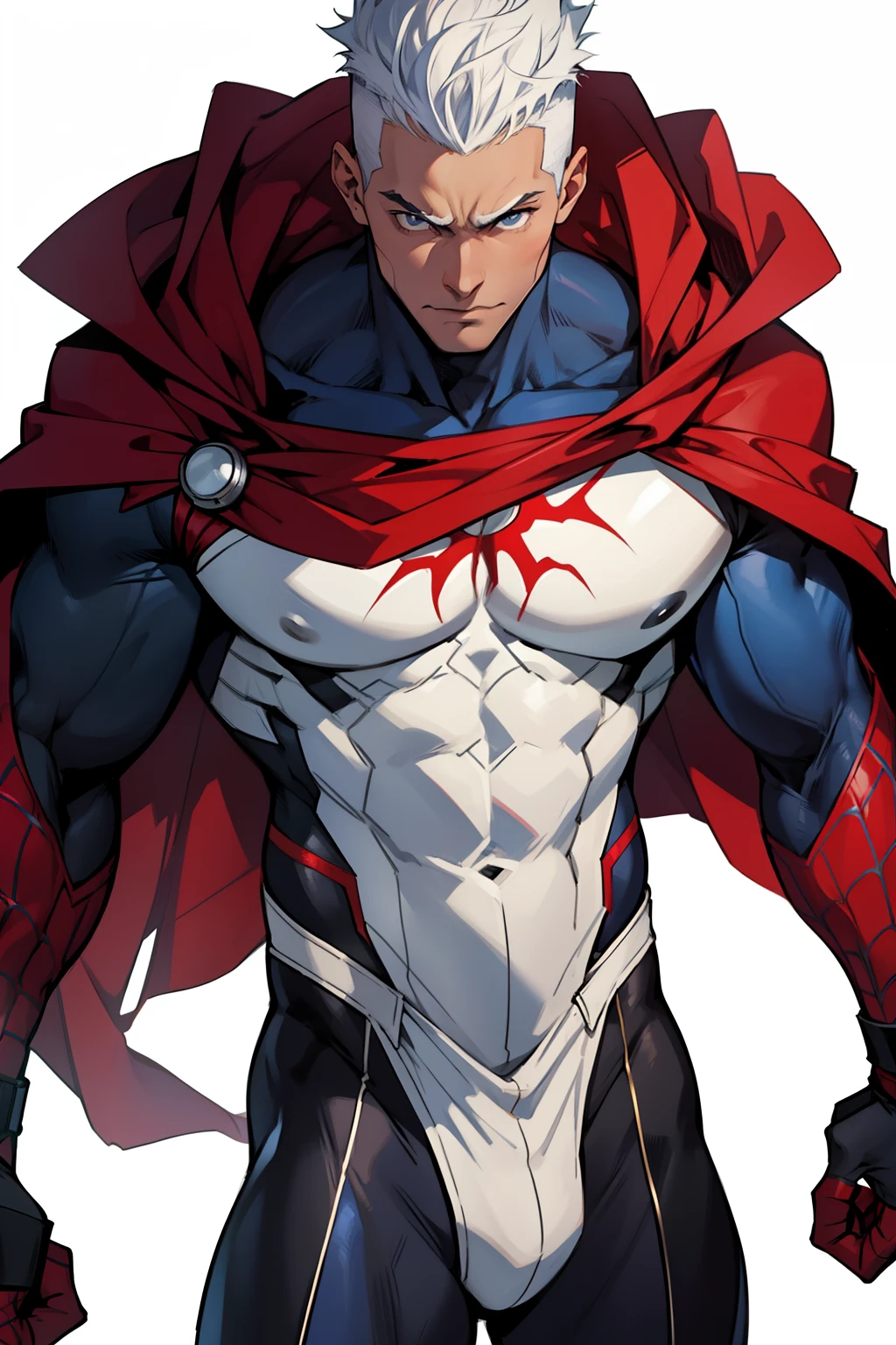 Highest image quality，male people，1 boy，Young and handsome，shoun，White color hair，Short flat top hair，Dark  skin，anime big breast，anime wallpaper，Solo，malefocus，Venom Spider-Man，black reotard，Red cape，Bulging crotch