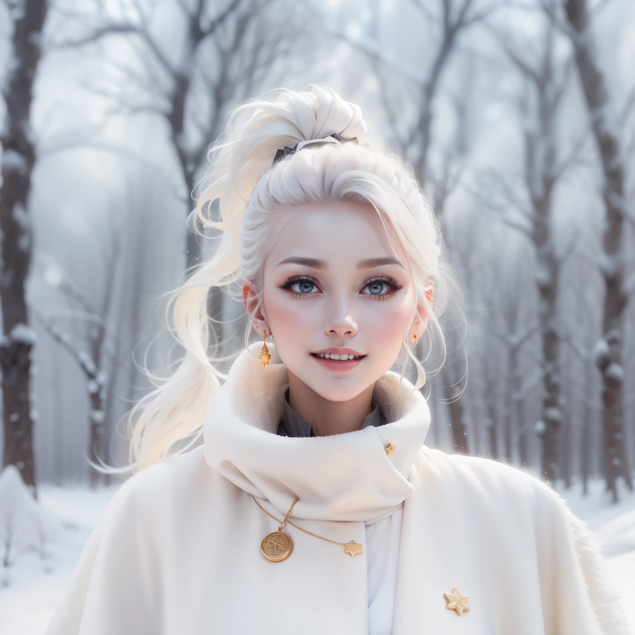 White velvet cape,Tie high ponytail,Cup in hand,Hot Ha gas,at winter season,snow landscape,white color hair,quadratic element,chiquita,With a smile