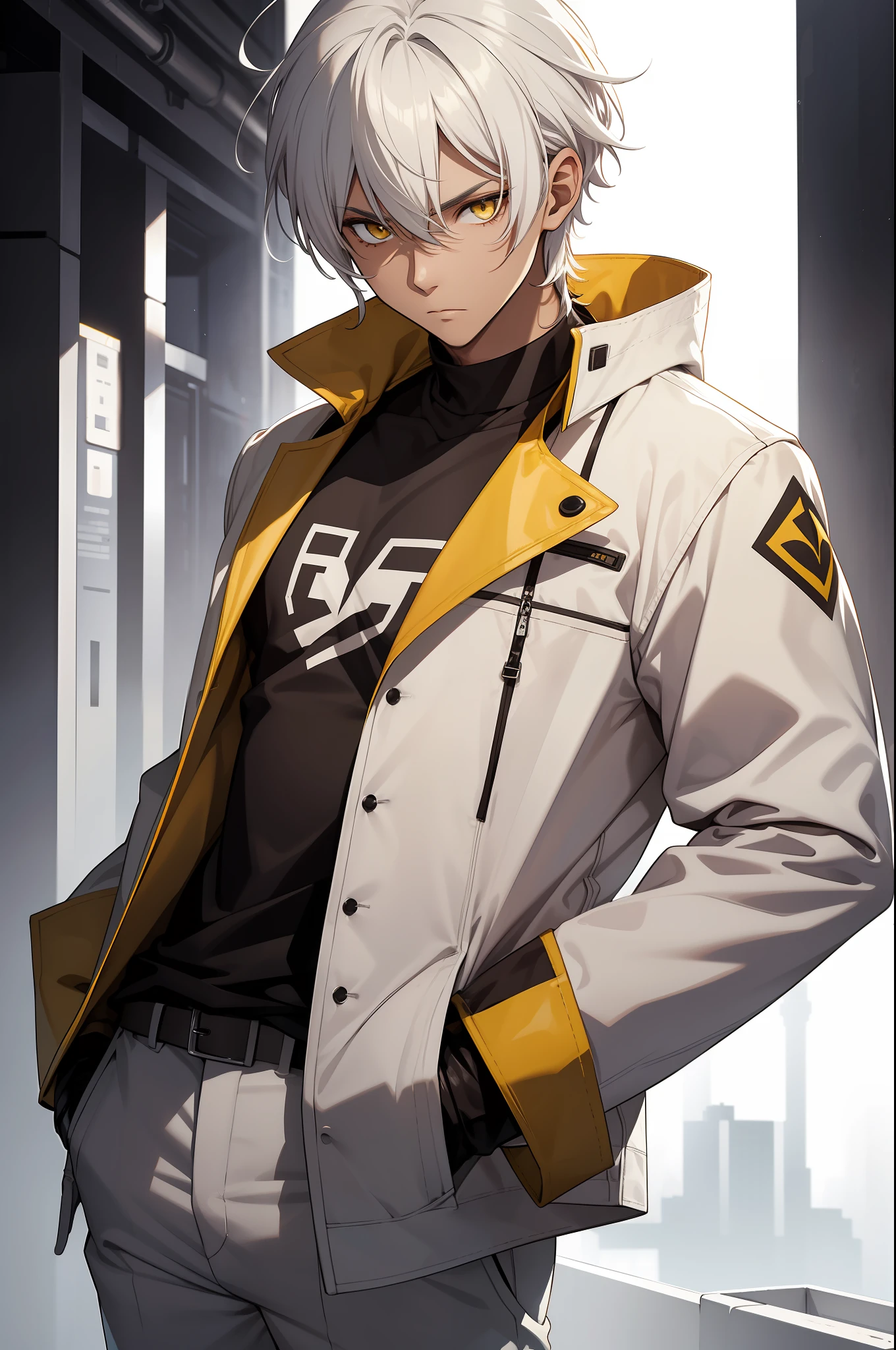 solo male, white hair, yellow eyes, dark skin, black t-shirt, brown jacket, white pants, white gloves, rolled up sleeves, slim