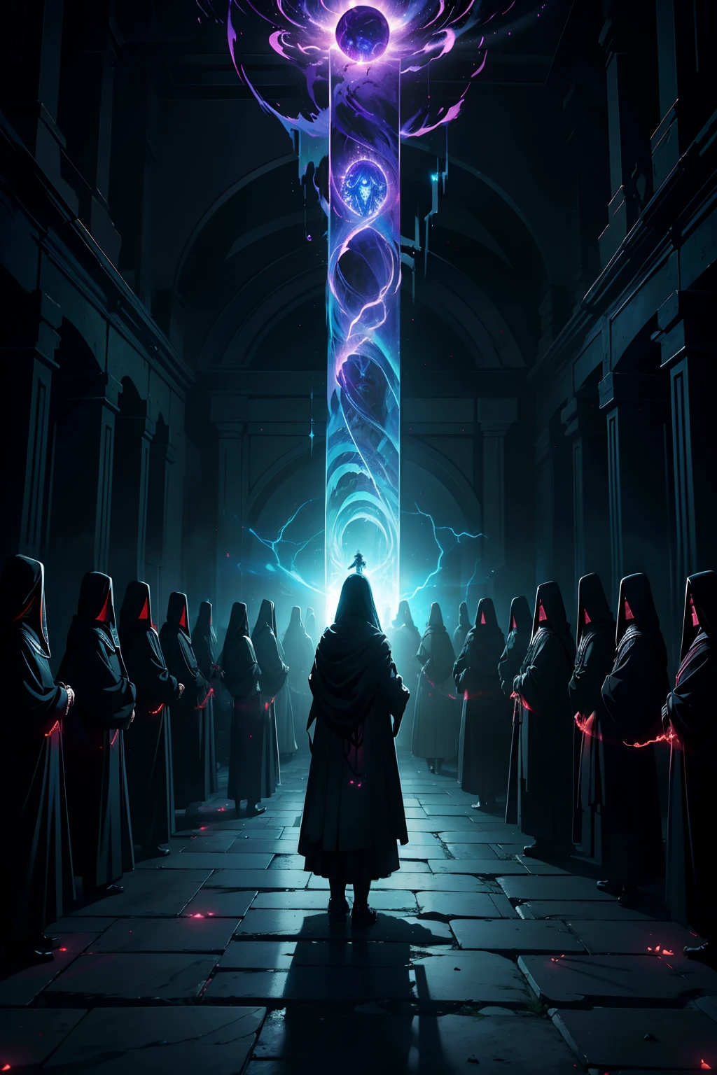 (masterpiece, best quality, high resolution) "Arcane Cult": A congregation of fanatic followers performing a dark ritual in an ancient temple, as a cosmic entity begins to manifest through rifts in the fabric of reality.