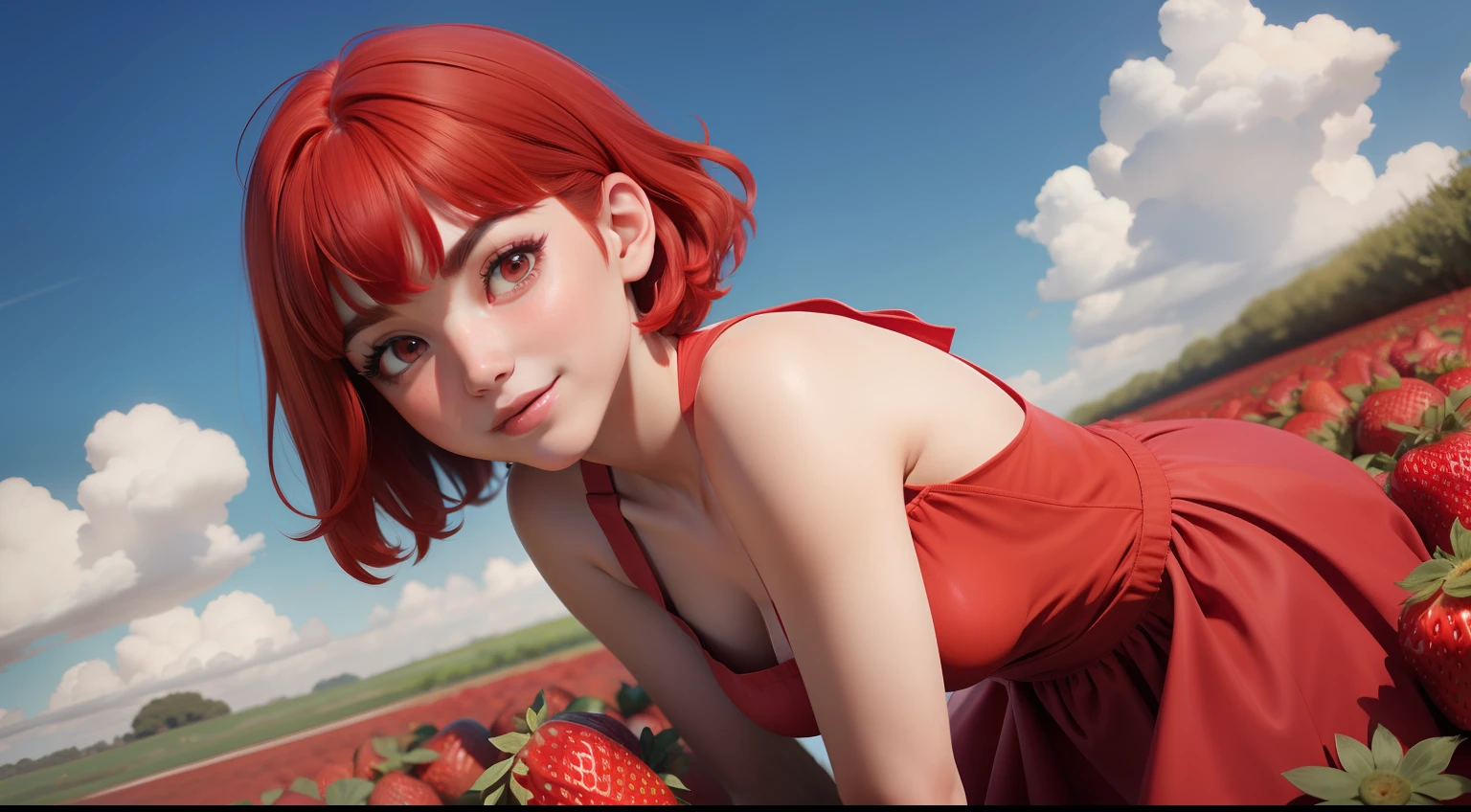 a  girl with red hair, beautiful face,short hair with bangs, wearing a red dress with a strawberry texture, in the style of a Disney Pixar cartoon, playing in a stramberry fields on a sunny day