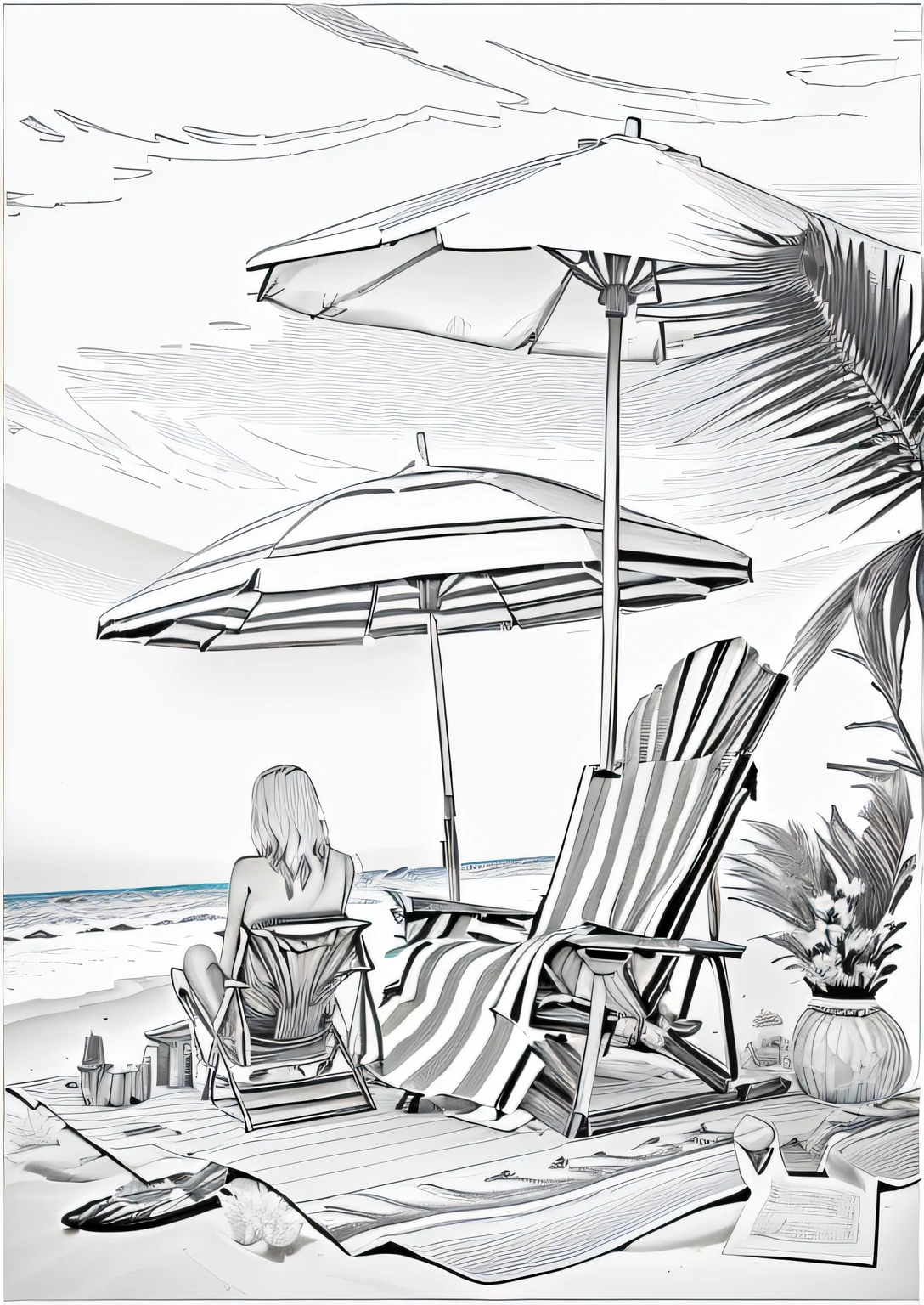 a black and white drawing of a beach scene with a chair and umbrella, beach setting, line - art, clean ink detailed line drawing, perfect pen and ink line art, sitting at the beach, titled'holiday at the beach ', scene view, at a tropical beach, full page illustration, sitting on the beach, relaxing at the beach, detailed ink illustration