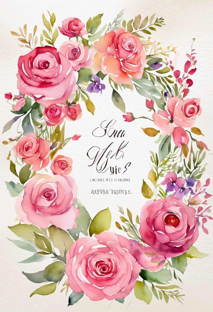 "Wreaths, floral frames, delicate watercolor flowers in shades of pink and vibrant roses, captivating illustration."