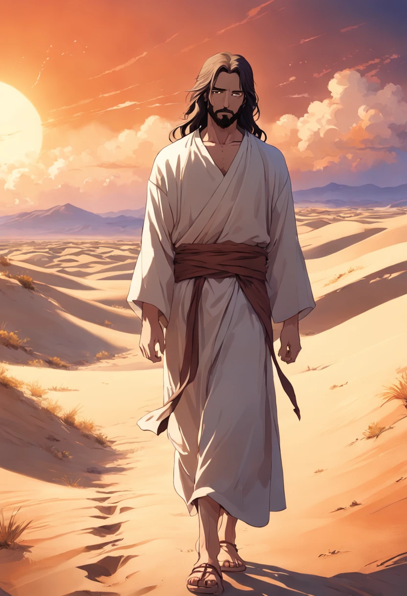 Digital art of Jesus walking through the desert, wearing sandals, with a serene expression.