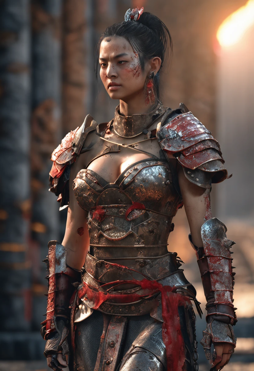 ((Best quality)), ((masterpiece)), (detailed:1.4), 3D, Front view image of a warrior princess from asia wearing studded brocade armor,slightly revealing, buxom figure, glossy wet skin with blood stains on face and body, HDR (High Dynamic Range),Ray Tracing,NVIDIA RTX,Super-Resolution,Unreal 5,Subsurface scattering,PBR Texturing,Post-processing,Anisotropic Filtering,Depth-of-field,Maximum clarity and sharpness,Multi-layered textures,Albedo and Specular maps,Surface shading,Accurate simulation of light-material interaction,Perfect proportions,Octane Render,Two-tone lighting,Wide aperture,Low ISO,White balance,Rule of thirds,8K RAW,