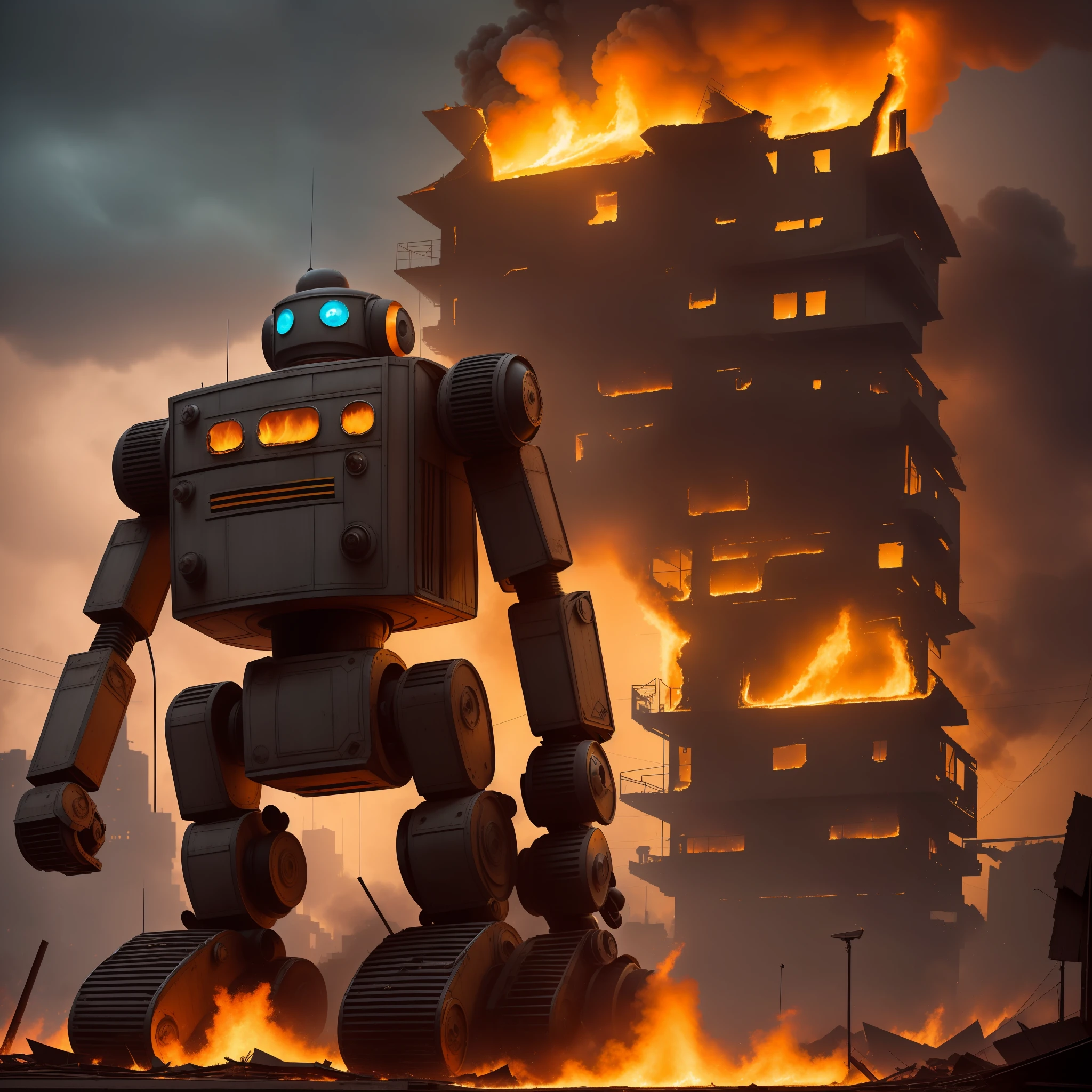 1 oversized vintage toy robot 1000 meters tall,A large number of urban buildings were damaged,the night,ruin,The fire is burning,(((Citizens shunned))),Light rain,salama,ultra - detailed
