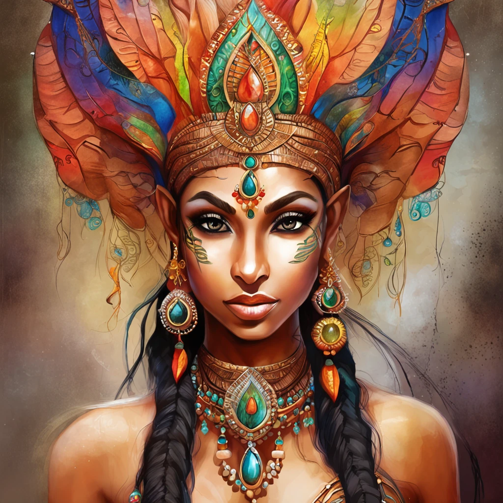 Best quality ,multicolored Masterpiece, 超高分辨率, (photograph realistic:1.4),brown skinned beautiful model Indian cybernetic humanoid elves goddess ,surrealism, Dream-like, fusionart, Indian mystical elves humanoids, ethereal magic elves , humanoid elves dream , cybernetic magic, shadow step, elves spells, crystals, amazing details, indigenous futurism