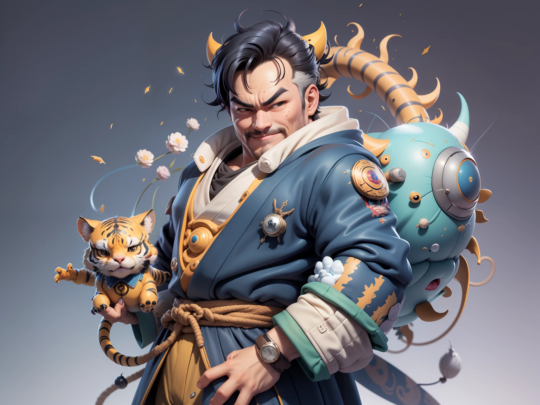 (Masterpiece), (Excellent), (Super Meticulous), (Full Body: 1.2), Super Young Man, Oriental Face, Japanese Kimono, Japanese Wind Thunder God, Dragon, Tiger, TV Anchor, Bust Portrait Illustration, Alone, Black Suit, Blue Tie, Slightly Chubby Face, Very Clean Face, No Beard, Black Super Short Hair, Black Eyes, Confident Smile, 3c Computer Sub-Products, iPad, iPhone, Digital Painting, 3D Character Design by Akira Toriyama and Mark Claireden and Pixar and Hayao Miyazaki, The illustration is a high-definition illustration in 4K resolution with very detailed facial features and cartoon-style visuals.