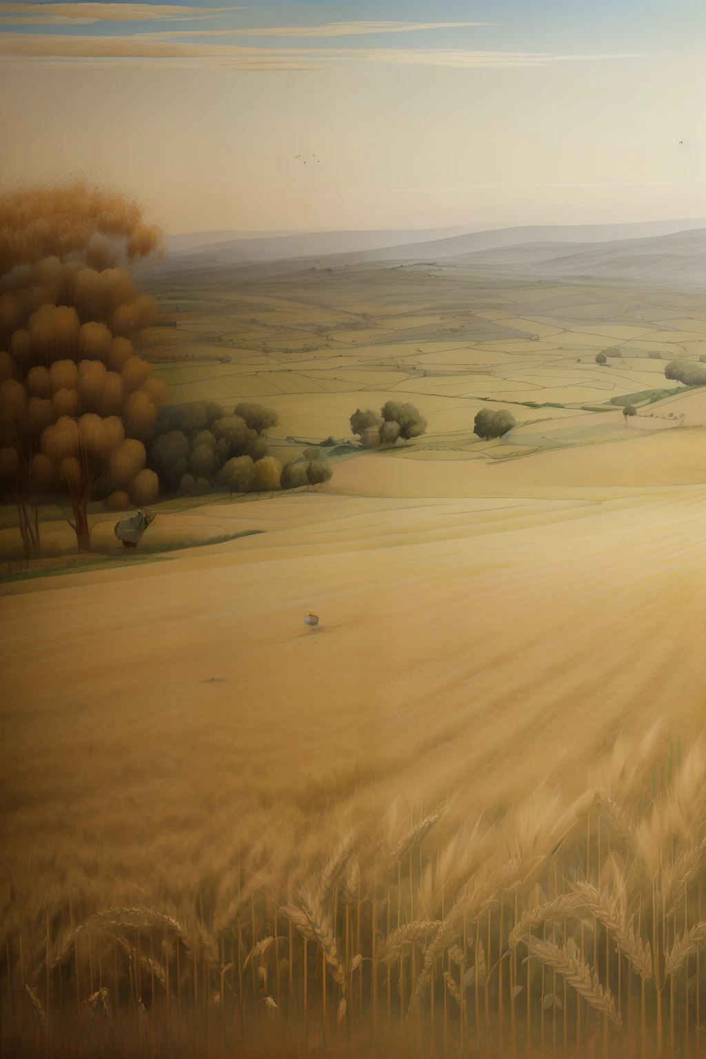 (((Pre-Raphaelite wheat harvest painting, muitas pessoas, camponeses celtas, outono, Campo de trigo, colheita, Campo de trigo, High definition, cores vivas, paisagem celta medieval)))