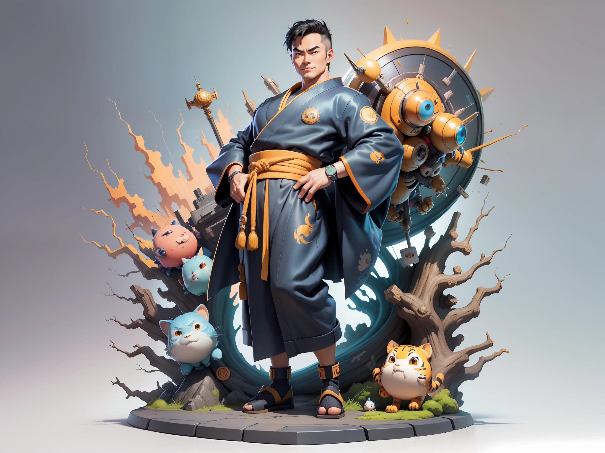 (Masterpiece), (Excellent), (Super Meticulous), (Full Body: 1.2), Super Young Man, Oriental Face, Japanese Kimono, Japanese Wind Thunder God, Dragon, Tiger, TV Anchor, Bust Portrait Illustration, Alone, Black Suit, Blue Tie, Slightly Chubby Face, Very Clean Face, No Beard, Black Super Short Hair, Black Eyes, Confident Smile, 3c Computer Sub-Products, iPad, iPhone, Digital Painting, 3D Character Design by Akira Toriyama and Mark Claireden and Pixar and Hayao Miyazaki, The illustration is a high-definition illustration in 4K resolution with very detailed facial features and cartoon-style visuals.