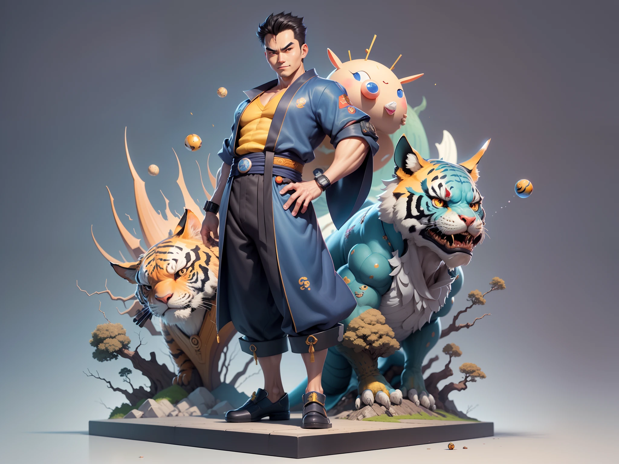 (Masterpiece), (Excellent), (Super Meticulous), (Full Body: 1.2), Super Young Man, Oriental Face, Japanese Kimono, Japanese Wind Thunder God, Dragon, Tiger, TV Anchor, Bust Portrait Illustration, Alone, Black Suit, Blue Tie, Slightly Chubby Face, Very Clean Face, No Beard, Black Super Short Hair, Black Eyes, Confident Smile, 3c Computer Sub-Products, iPad, iPhone, Digital Painting, 3D Character Design by Akira Toriyama and Mark Claireden and Pixar and Hayao Miyazaki, The illustration is a high-definition illustration in 4K resolution with very detailed facial features and cartoon-style visuals.