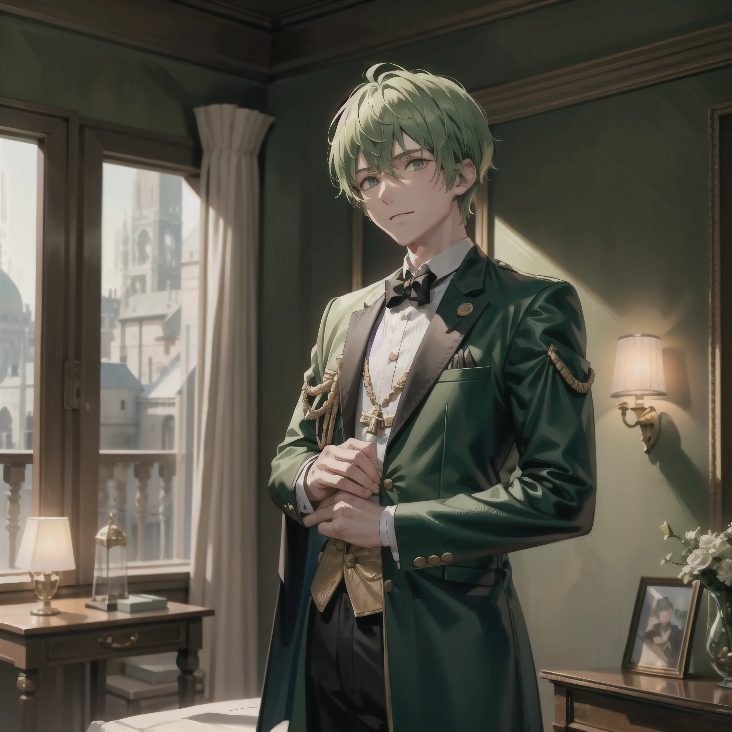 Young boy, no beard on face, light green hair, frogman, honorary knight clothes, proud face, handsome
