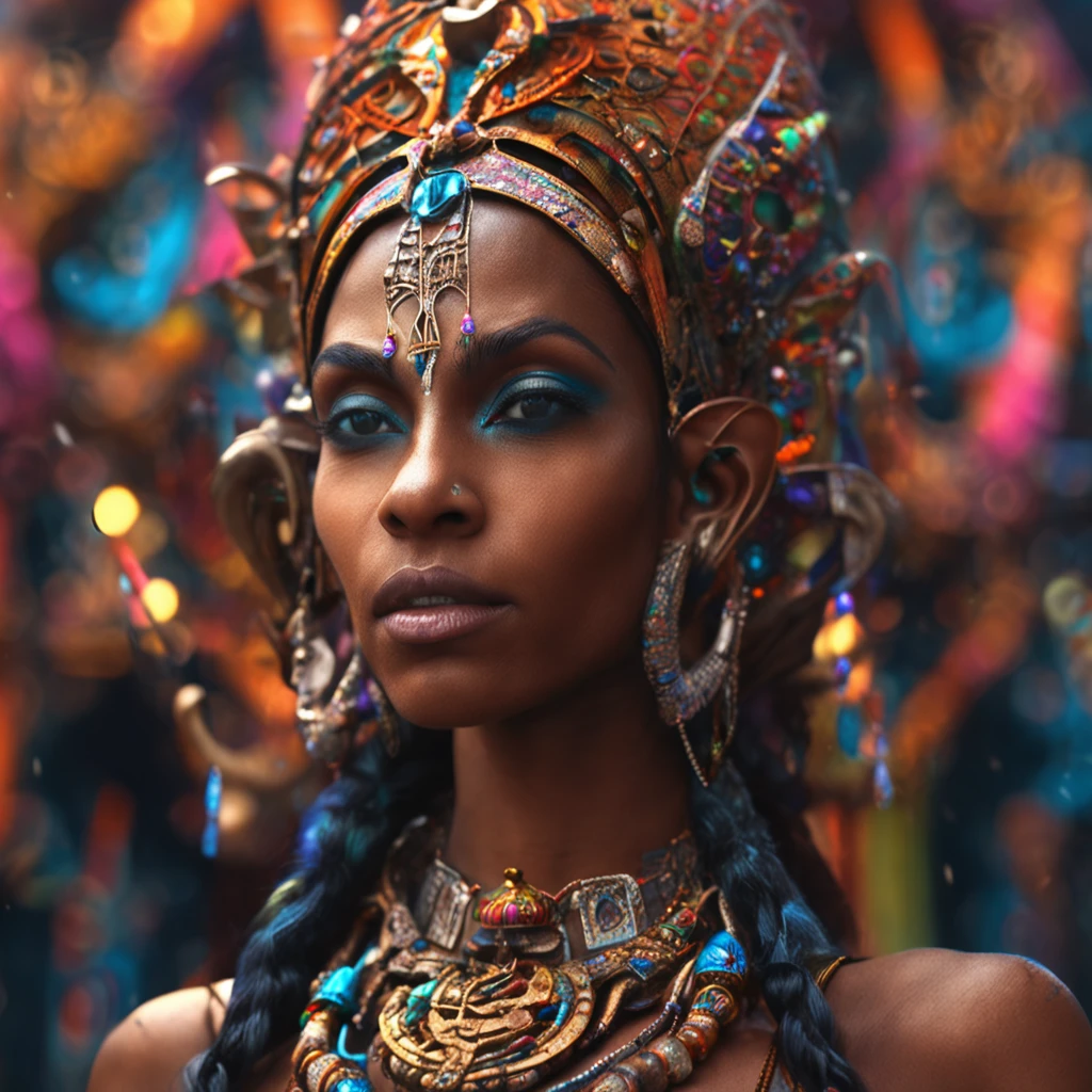 Best quality ,multicolored Masterpiece, 超高分辨率, (photograph realistic:1.4),brown skinned beautiful model Indian cybernetic humanoid elves goddess ,surrealism, Dream-like, fusionart, Indian mystical elves humanoids, ethereal magic elves , humanoid elves dream , cybernetic magic, shadow step, elves spells, crystals, amazing details, indigenous futurism