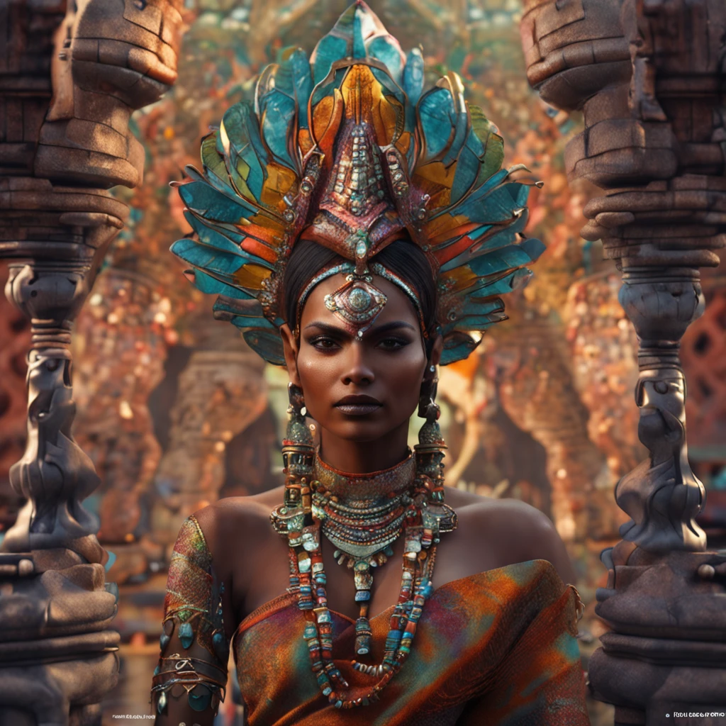 Best quality ,multicolored Masterpiece, 超高分辨率, (photograph realistic:1.4),brown skinned beautiful model Indian cybernetic humanoid elves goddess ,surrealism, Dream-like, fusionart, Indian mystical elves humanoids, ethereal magic elves , humanoid elves dream , cybernetic magic, shadow step, elves spells, crystals, amazing details, indigenous futurism