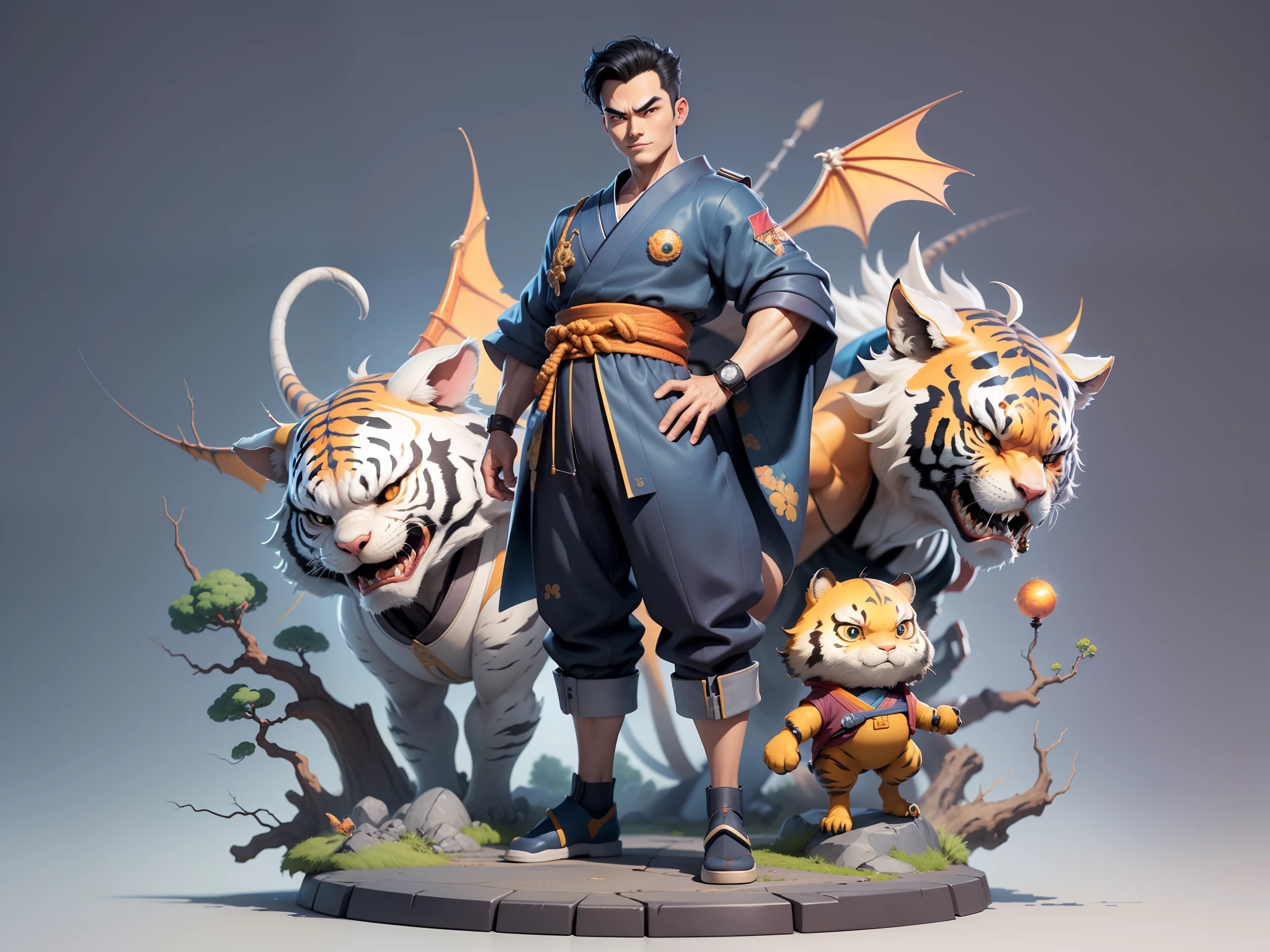 (Masterpiece), (Excellent), (Super Meticulous), (Full Body: 1.2), Super Young Man, Oriental Face, Japanese Kimono, Japanese Wind Thunder God, Dragon, Tiger, TV Anchor, Bust Portrait Illustration, Alone, Black Suit, Blue Tie, Slightly Chubby Face, Very Clean Face, No Beard, Black Super Short Hair, Black Eyes, Confident Smile, 3c Computer Sub-Products, iPad, iPhone, Digital Painting, 3D Character Design by Akira Toriyama and Mark Claireden and Pixar and Hayao Miyazaki, The illustration is a high-definition illustration in 4K resolution with very detailed facial features and cartoon-style visuals.
