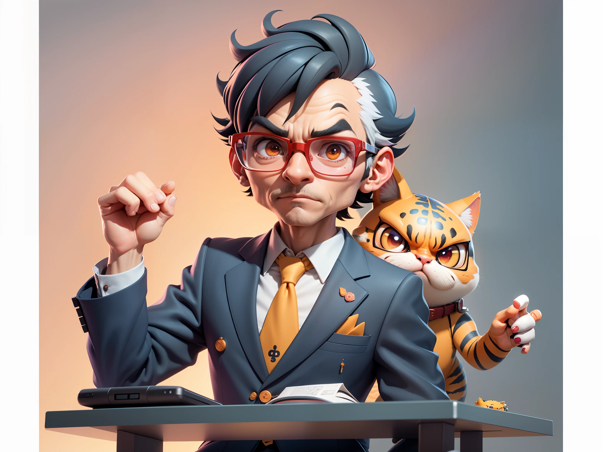 A young man in a suit, Short hair and glasses sat at his desk，holding laptop，digitial painting，tigre，3D character design by Mark Clairen and Pixar and Hayao Miyazaki and Akira Toriyama，4K HD illustration，Very detailed facial features and cartoon-style visuals。