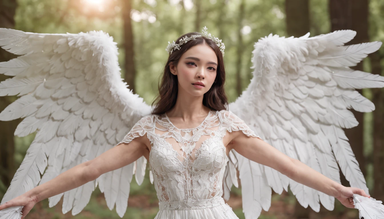woman in white angel costume posing in forest with outstretched arms, full - body majestic angel, young wan angel, tall female angel, epic angel wings, angel knight girl, white wings, beautiful female angel, super wide angel, of beautiful angel, wide angel shot, wide angel, angel-themed, bladed wings lace wear, angel themed, minimalist, City Pop, Futago, street level view, textured, Cinematic, Collage, pure colors, Hackercore, spectrography lighting, Ultra-realistic, highly detailed, natural lighting, ocean environment, Unity engine, 8k