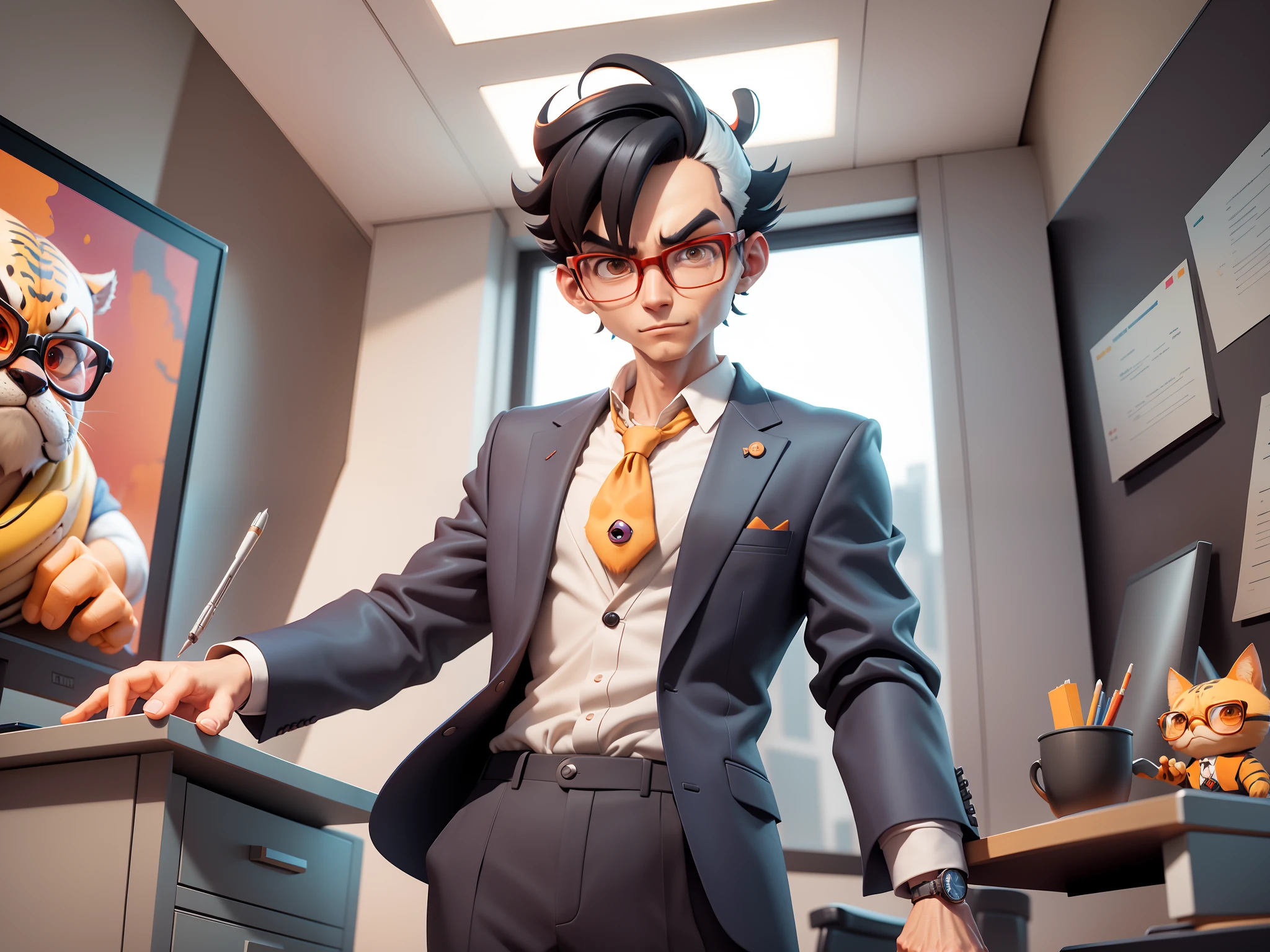 A young man in a suit, Short hair and glasses sat at his desk,holding laptop,digitial painting,tigre,3D character design by Mark Clairen and Pixar and Hayao Miyazaki and Akira Toriyama,4K HD illustration,Very detailed facial features and cartoon-style visuals。